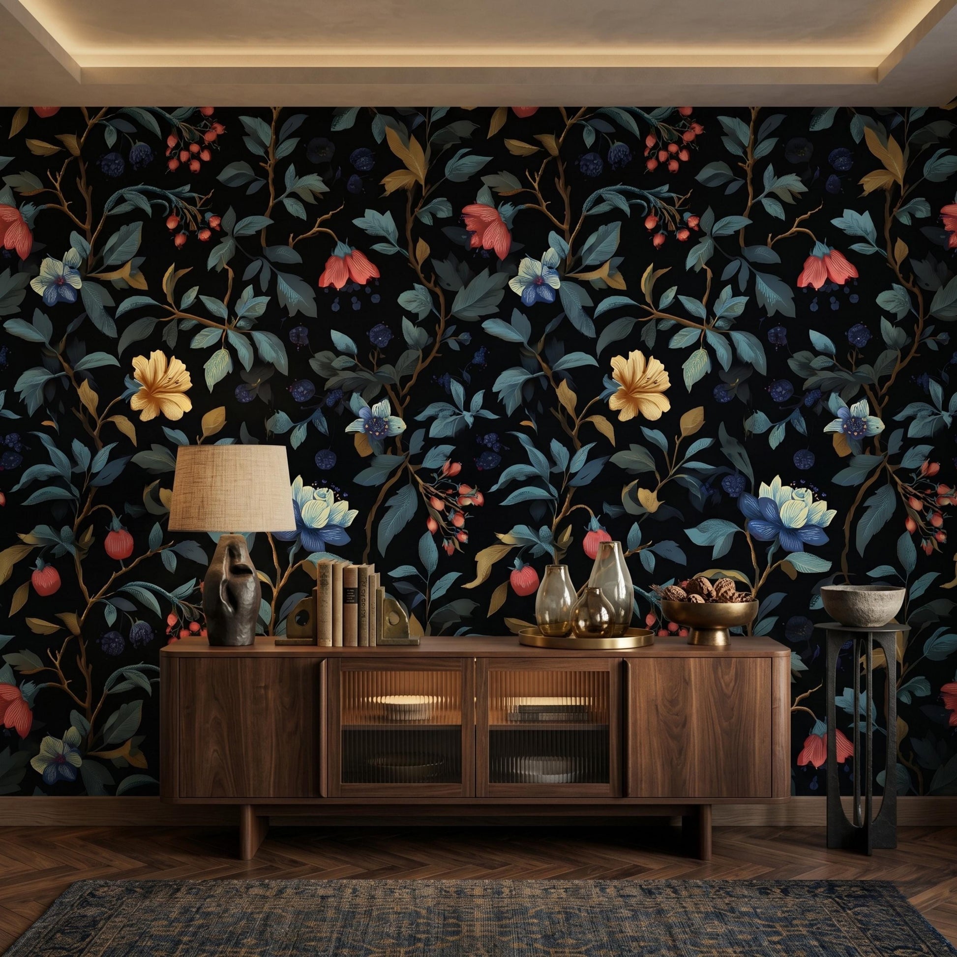 Moody Flower Pattern Wallpaper, Dark Botanical Removable Mural, Gothic Floral Peel and Stick, Vintage Dark Living Room Decor-WP0096