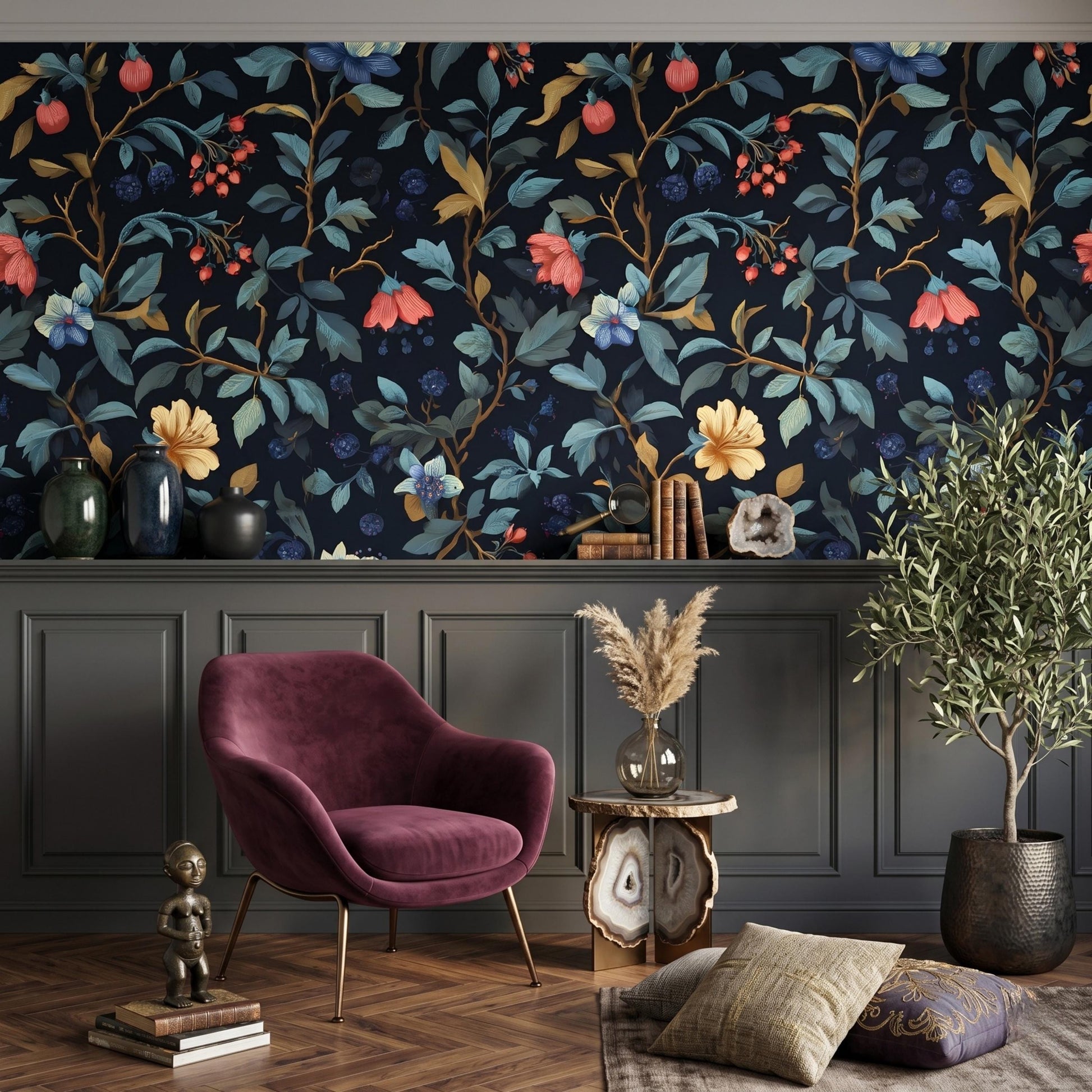 Moody Flower Pattern Wallpaper, Dark Botanical Removable Mural, Gothic Floral Peel and Stick, Vintage Dark Living Room Decor-WP0096