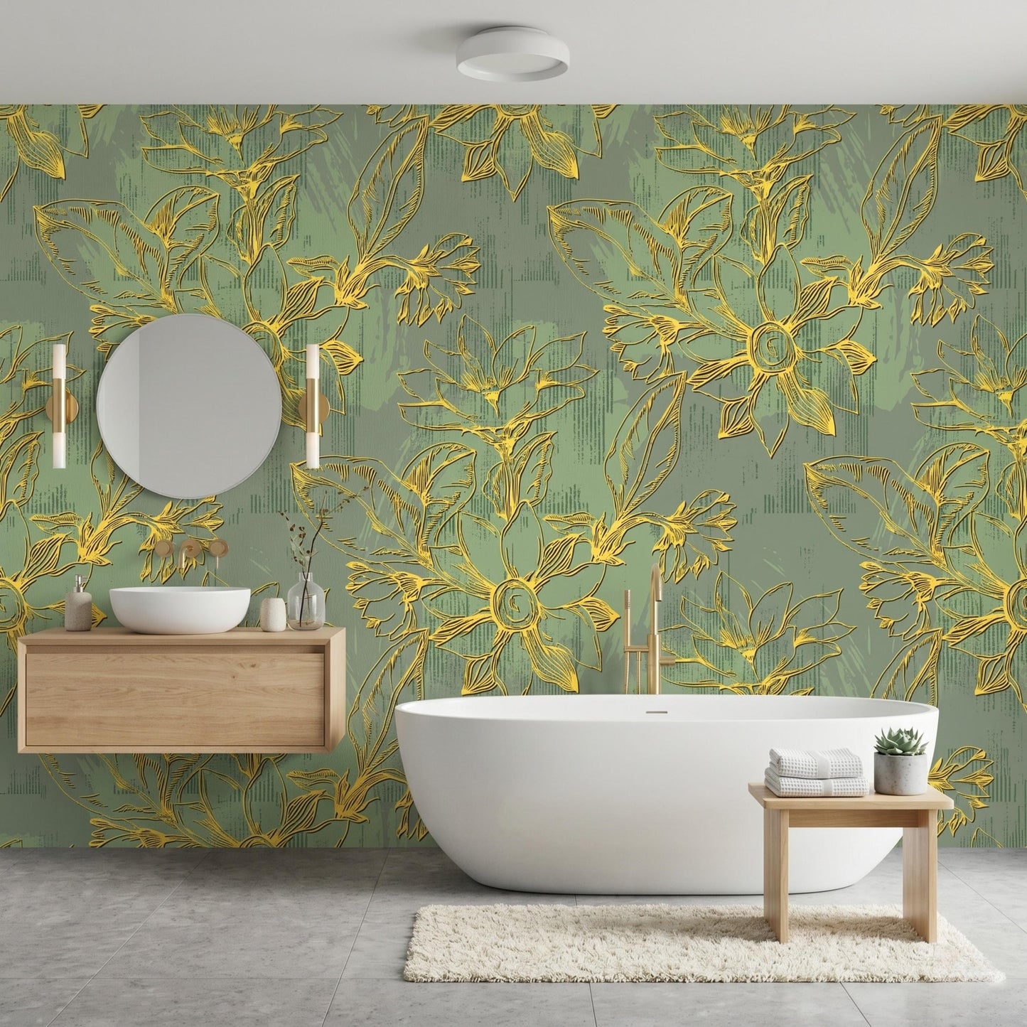 Gold Floral Sage Green Wallpaper Mural, Artistic Botanical Wall Decor, Modern Living Room Feature Wall, Embossed Look Floral DecalWP0121