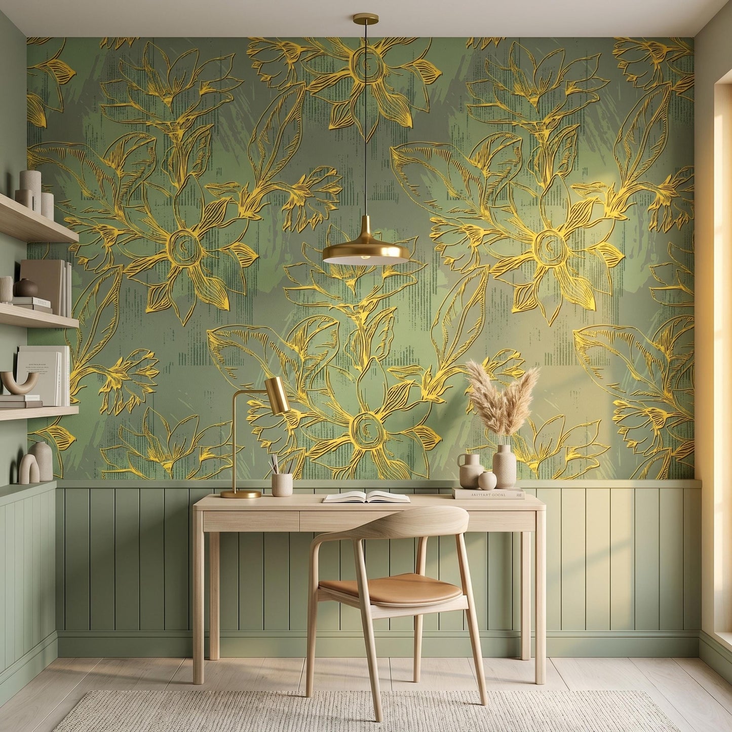 Gold Floral Sage Green Wallpaper Mural, Artistic Botanical Wall Decor, Modern Living Room Feature Wall, Embossed Look Floral DecalWP0121