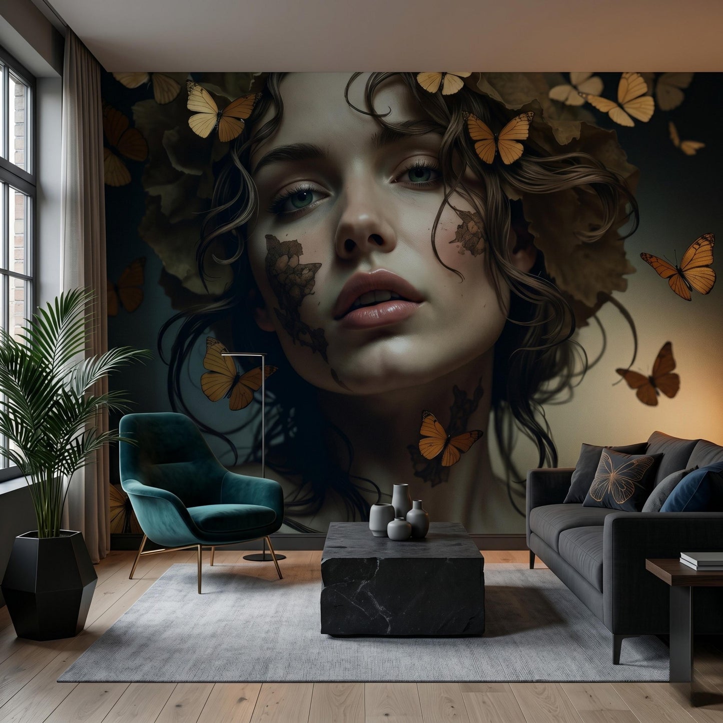 Butterfly Portrait Mural, Renaissance Woman, Dark Moody Wall Decor Peel and Stick Wallpaper-WP0122