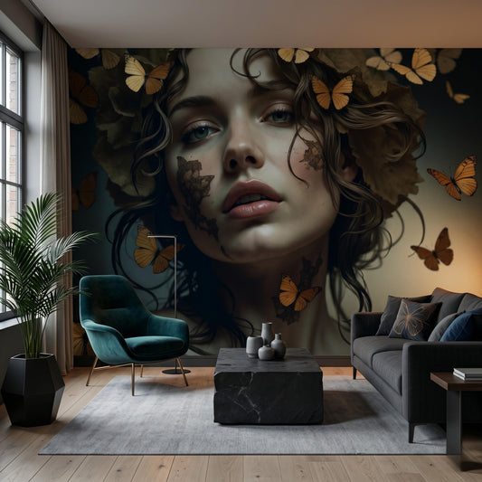 Butterfly Portrait Mural, Renaissance Woman, Dark Moody Wall Decor Peel and Stick Wallpaper-WP0122