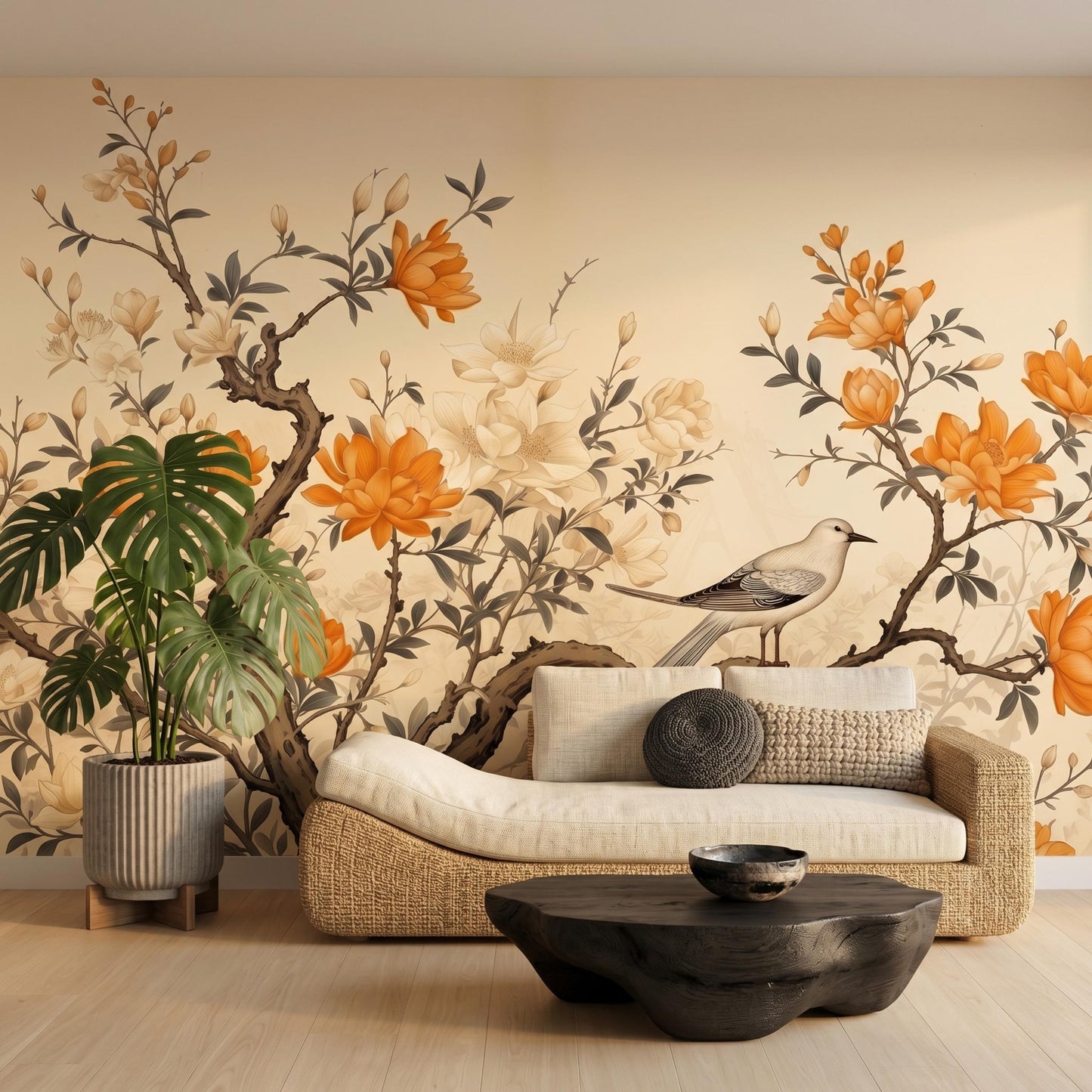 Vintage Botanical Peel and Stick Wallpaper, Floral Chinoiserie Wall Mural, Bird and Branch Removable Wallpaper for Home Office-WP0123