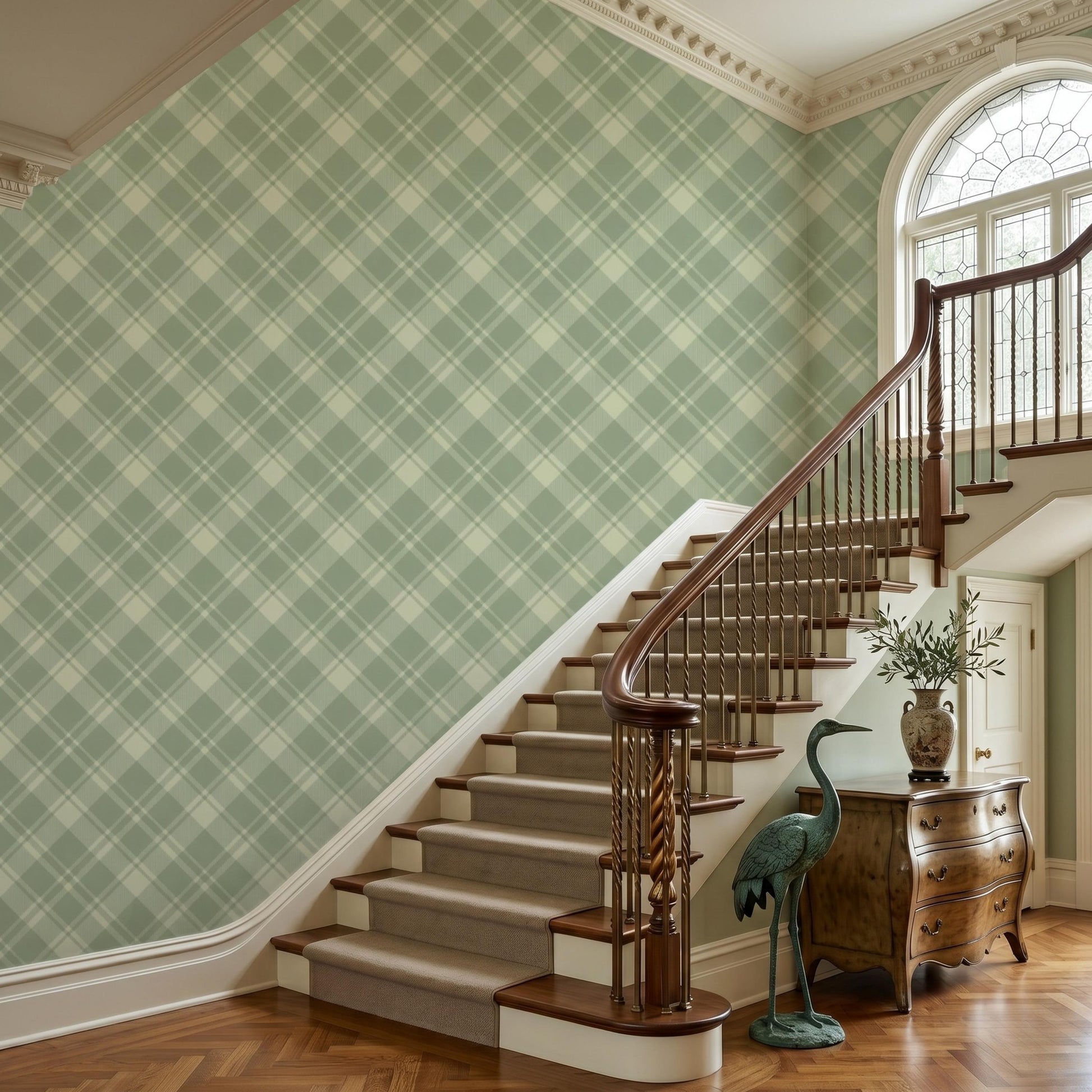 Preppy Sage Green Plaid Wallpaper, Checkered Removable Wall Mural, Tartan Peel and Stick Vintage Geometric Wall Decor-WP0098
