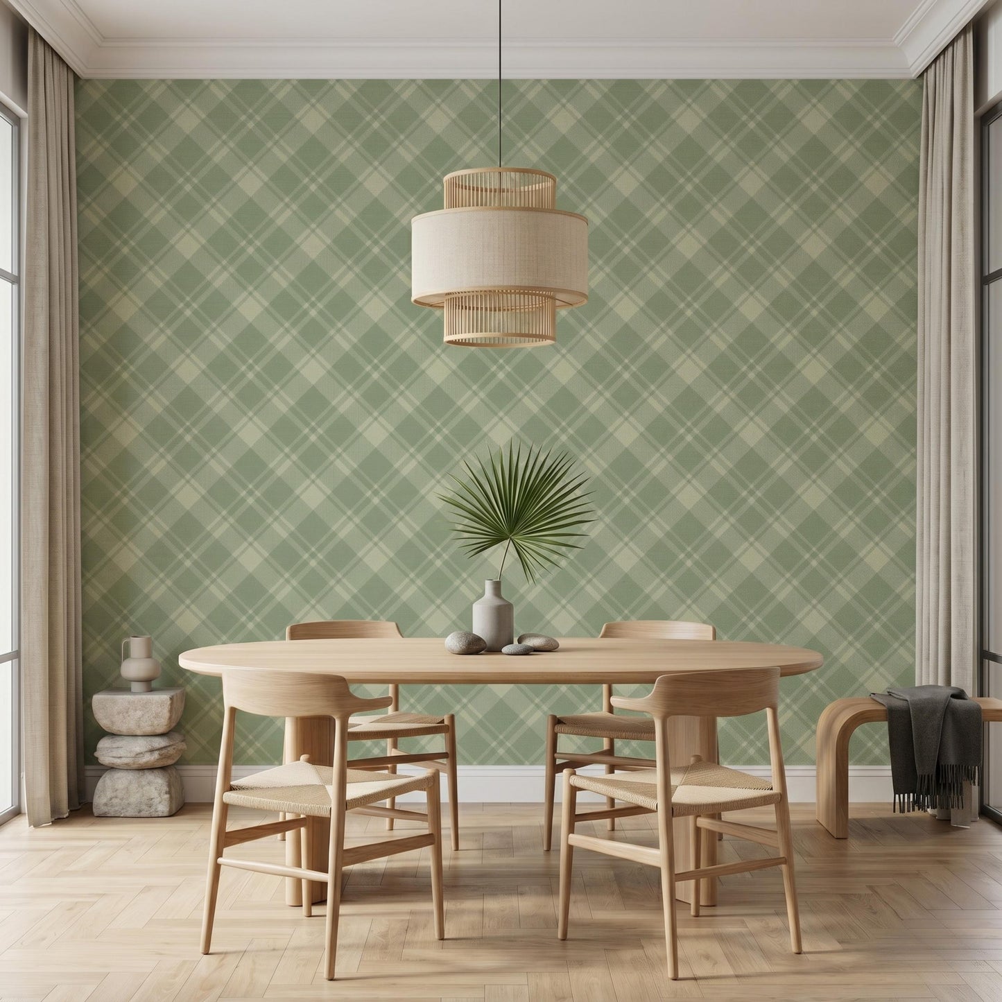 Preppy Sage Green Plaid Wallpaper, Checkered Removable Wall Mural, Tartan Peel and Stick Vintage Geometric Wall Decor-WP0098
