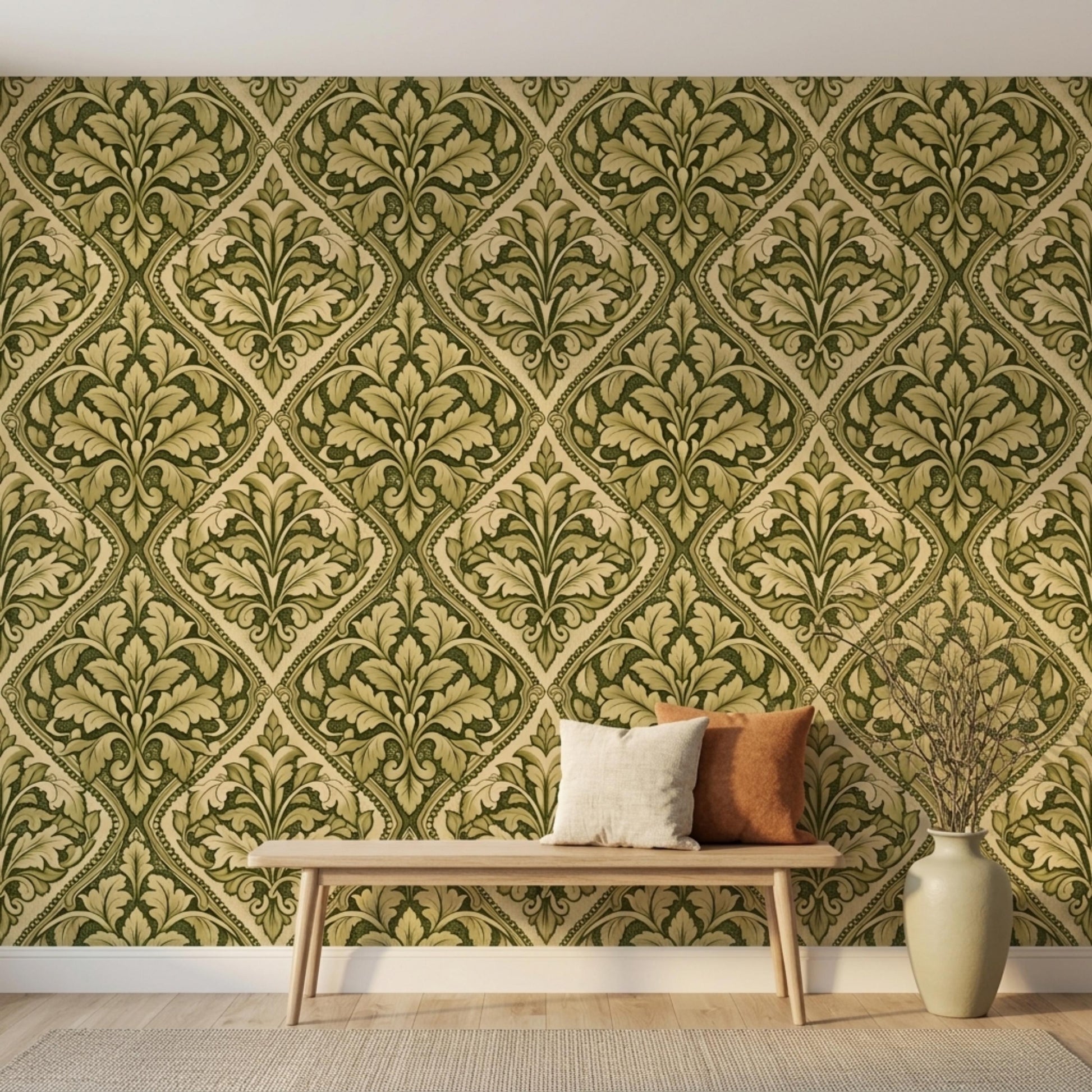 Green Damask Acanthus Leaf Vintage Victorian Wallpaper, Traditional Art Nouveau Mural, Botanical Wall Decor, Antique Style Interior-WP0124