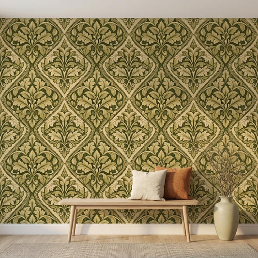 Green Damask Acanthus Leaf Vintage Victorian Wallpaper, Traditional Art Nouveau Mural, Botanical Wall Decor, Antique Style Interior-WP0124