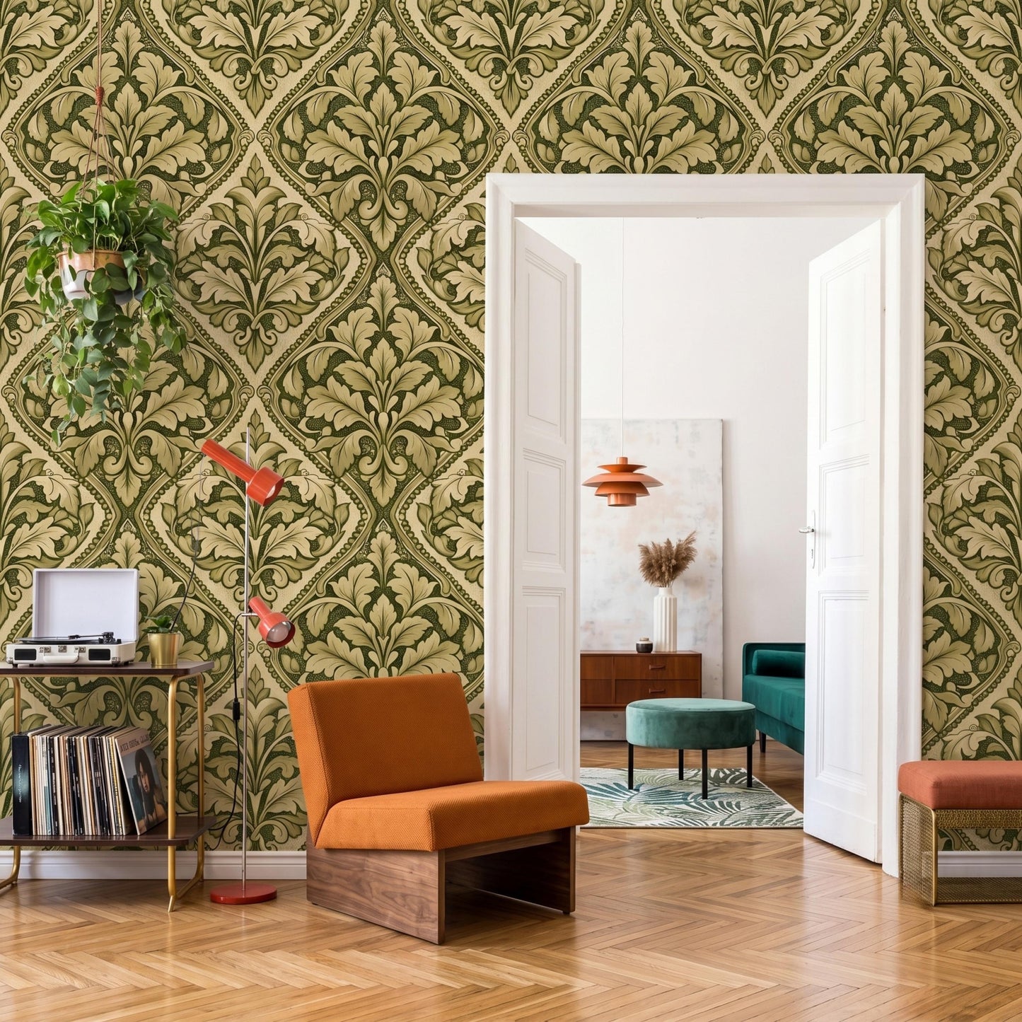 Green Damask Acanthus Leaf Vintage Victorian Wallpaper, Traditional Art Nouveau Mural, Botanical Wall Decor, Antique Style Interior-WP0124