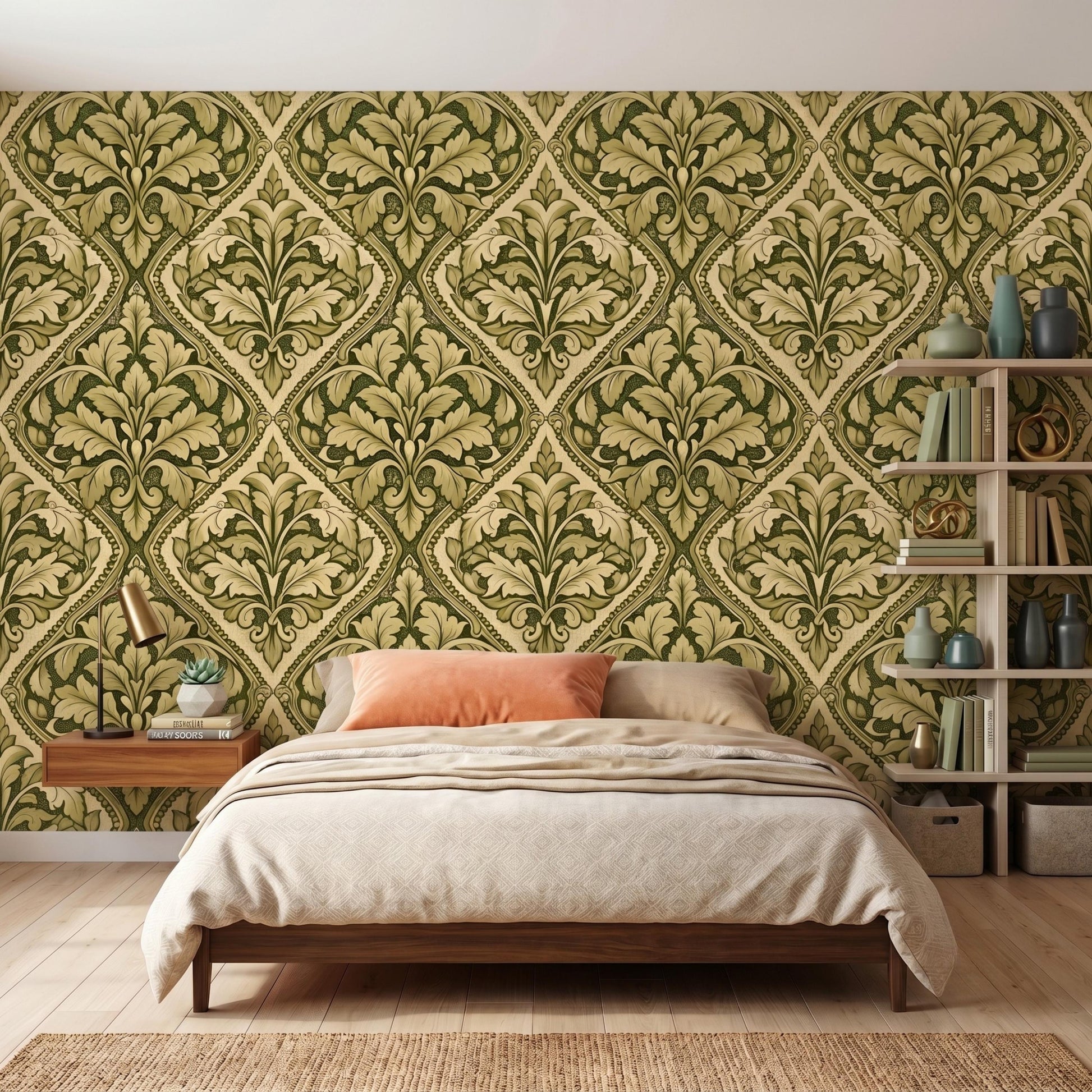 Green Damask Acanthus Leaf Vintage Victorian Wallpaper, Traditional Art Nouveau Mural, Botanical Wall Decor, Antique Style Interior-WP0124