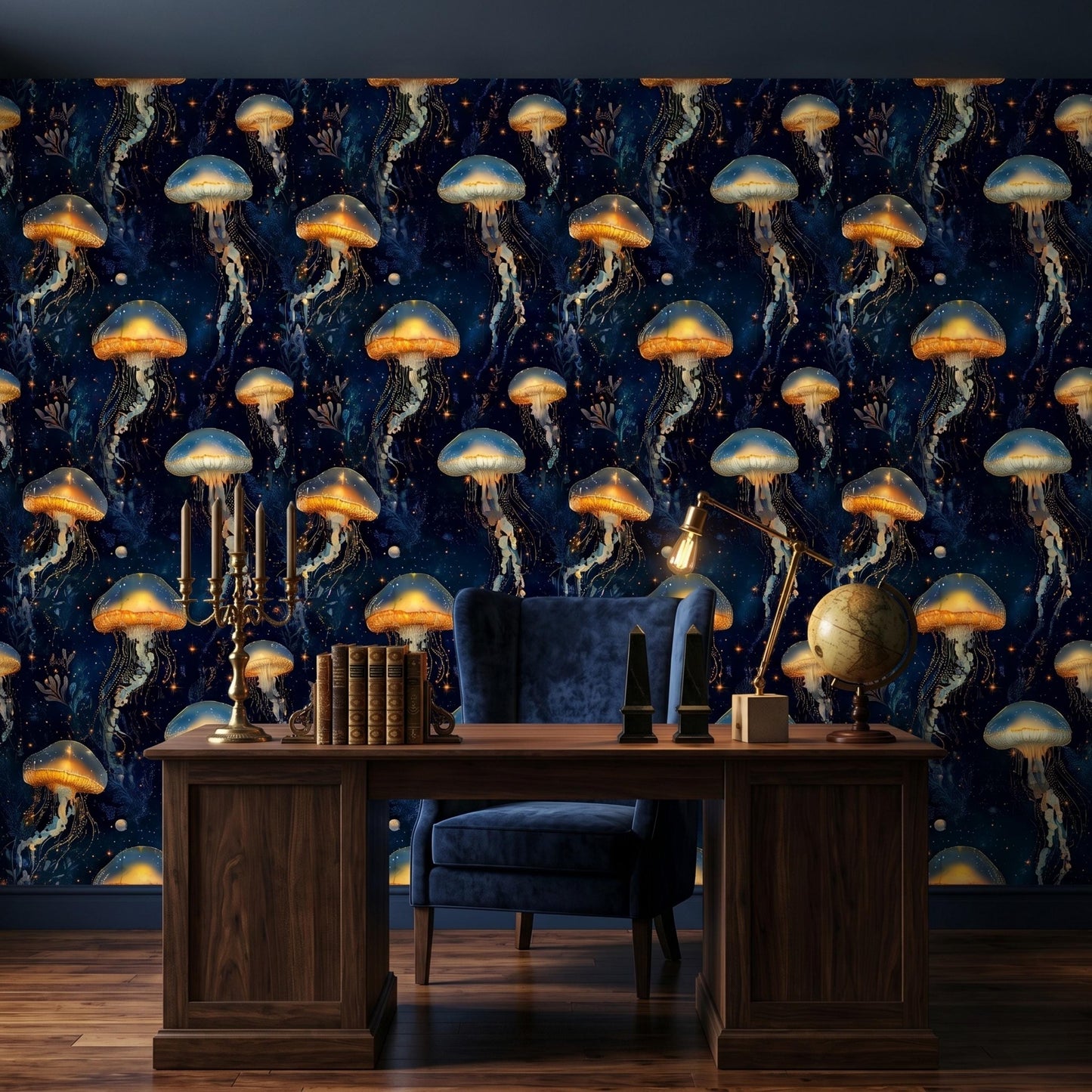 Dark Maximalist Wallpaper, Bioluminescent Jellyfish Wall Mural, Cosmic Ocean Peel and Stick, Glowing Deep Sea Decor, Moody Room Wall-WP0099