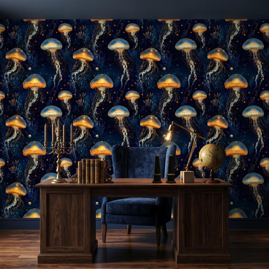 Dark Maximalist Wallpaper, Bioluminescent Jellyfish Wall Mural, Cosmic Ocean Peel and Stick, Glowing Deep Sea Decor, Moody Room Wall-WP0099