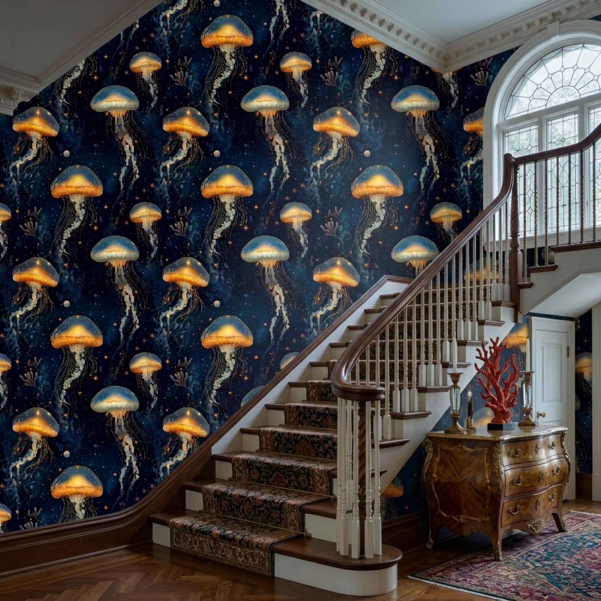 Dark Maximalist Wallpaper, Bioluminescent Jellyfish Wall Mural, Cosmic Ocean Peel and Stick, Glowing Deep Sea Decor, Moody Room Wall-WP0099