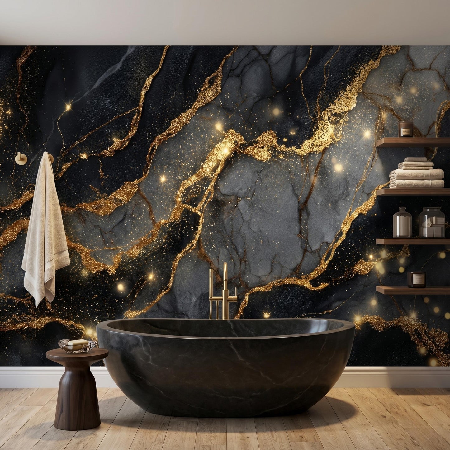 Elegant Black Gold Wallpaper Mural, Abstract Marble Wall Decor, Dark Glam Aesthetic, Custom Size Removable Wall Covering-WP0100