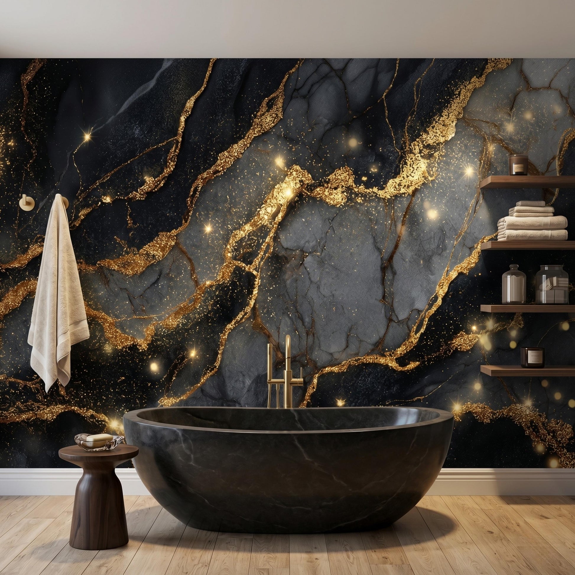 Elegant Black Gold Wallpaper Mural, Abstract Marble Wall Decor, Dark Glam Aesthetic, Custom Size Removable Wall Covering-WP0100