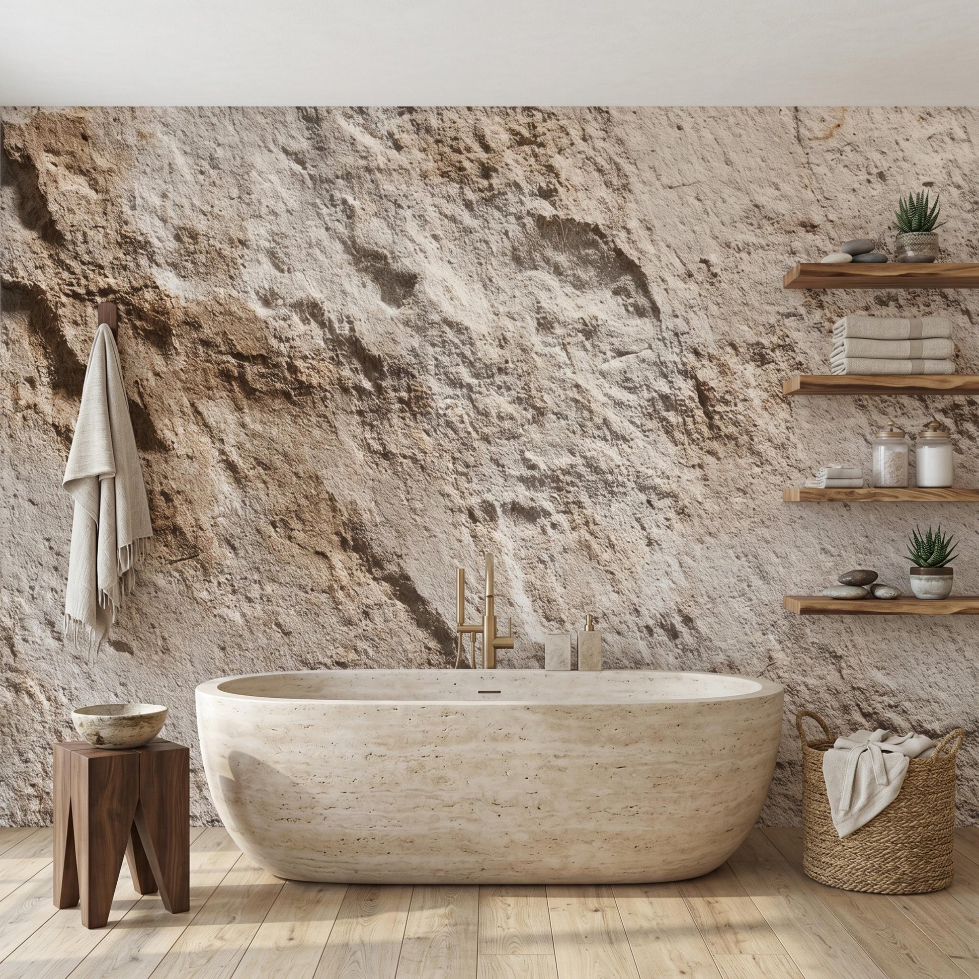 Faux Stone Wallpaper Peel and Stick, Natural Rock Wall Mural,Rustic Travertine Texture Wall Decor Earthy Wabi Sabi Bathroom Wallpaper-WP0101