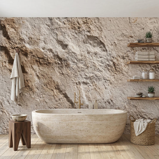 Faux Stone Wallpaper Peel and Stick, Natural Rock Wall Mural,Rustic Travertine Texture Wall Decor Earthy Wabi Sabi Bathroom Wallpaper-WP0101