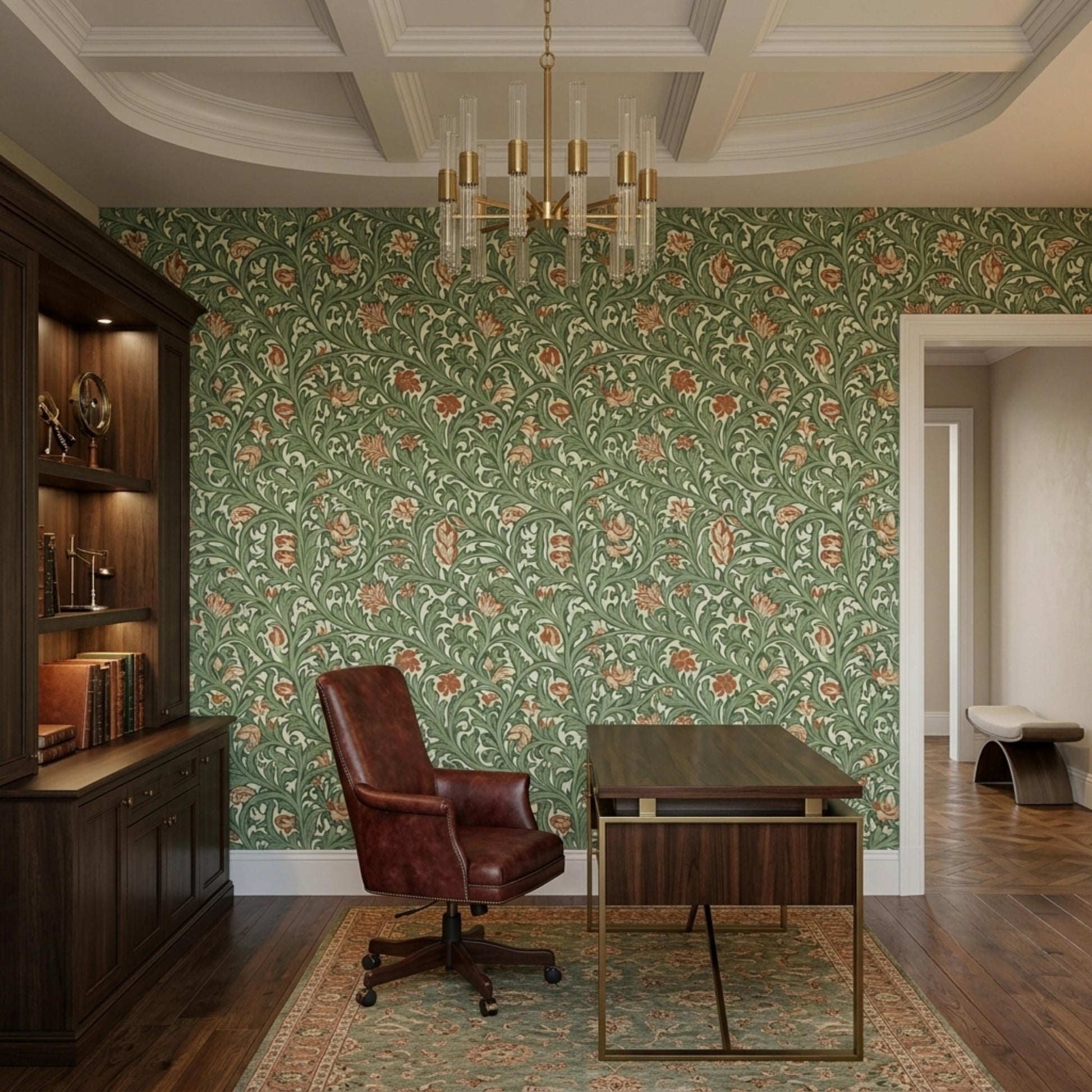 William Morris Style Floral Wallpaper | Vintage Green Botanical Peel and Stick | Arts and Crafts Removable Wall Mural-WP0125