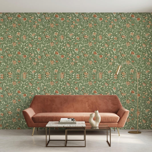 William Morris Style Floral Wallpaper | Vintage Green Botanical Peel and Stick | Arts and Crafts Removable Wall Mural-WP0125