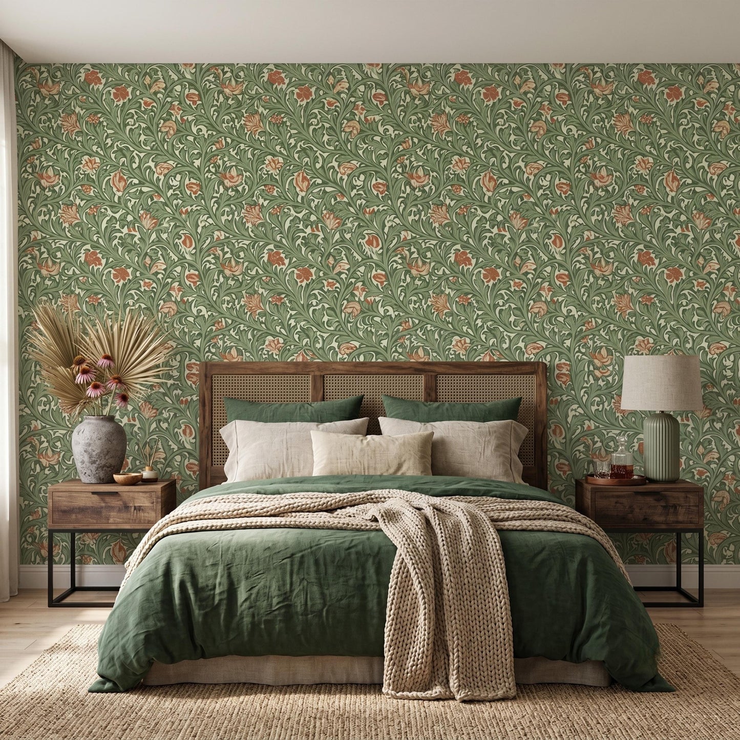 William Morris Style Floral Wallpaper | Vintage Green Botanical Peel and Stick | Arts and Crafts Removable Wall Mural-WP0125