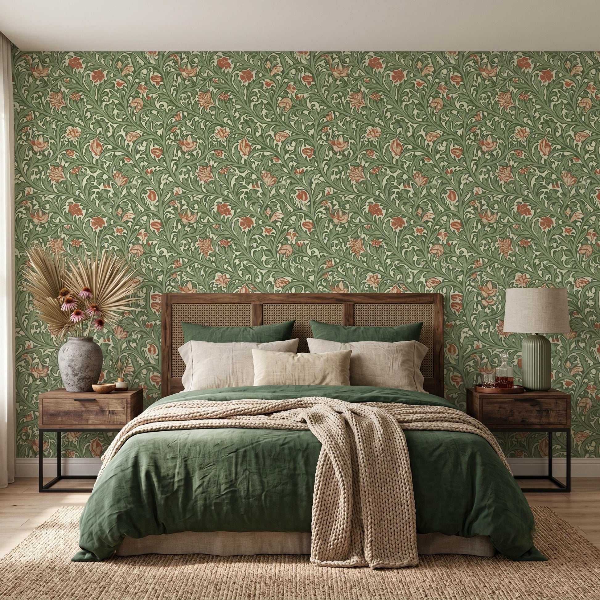 William Morris Style Floral Wallpaper | Vintage Green Botanical Peel and Stick | Arts and Crafts Removable Wall Mural-WP0125