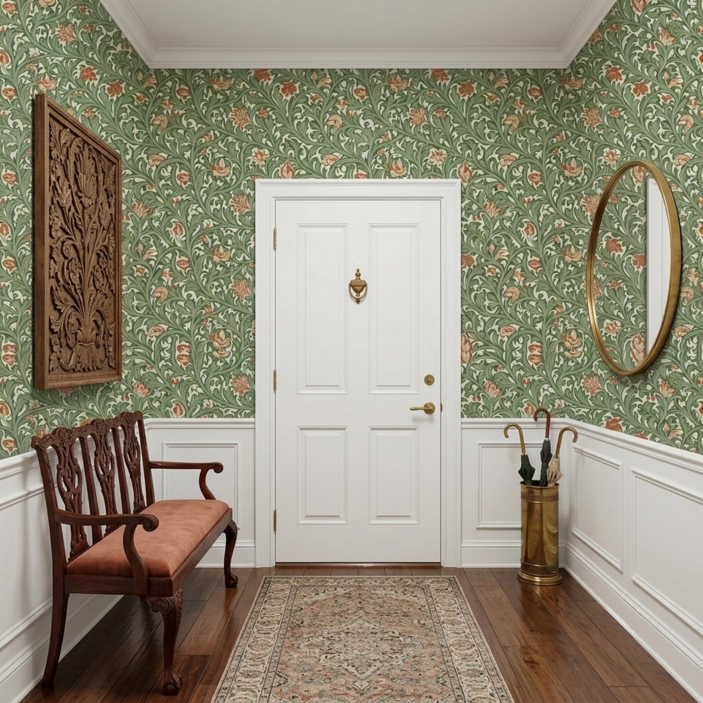 William Morris Style Floral Wallpaper | Vintage Green Botanical Peel and Stick | Arts and Crafts Removable Wall Mural-WP0125