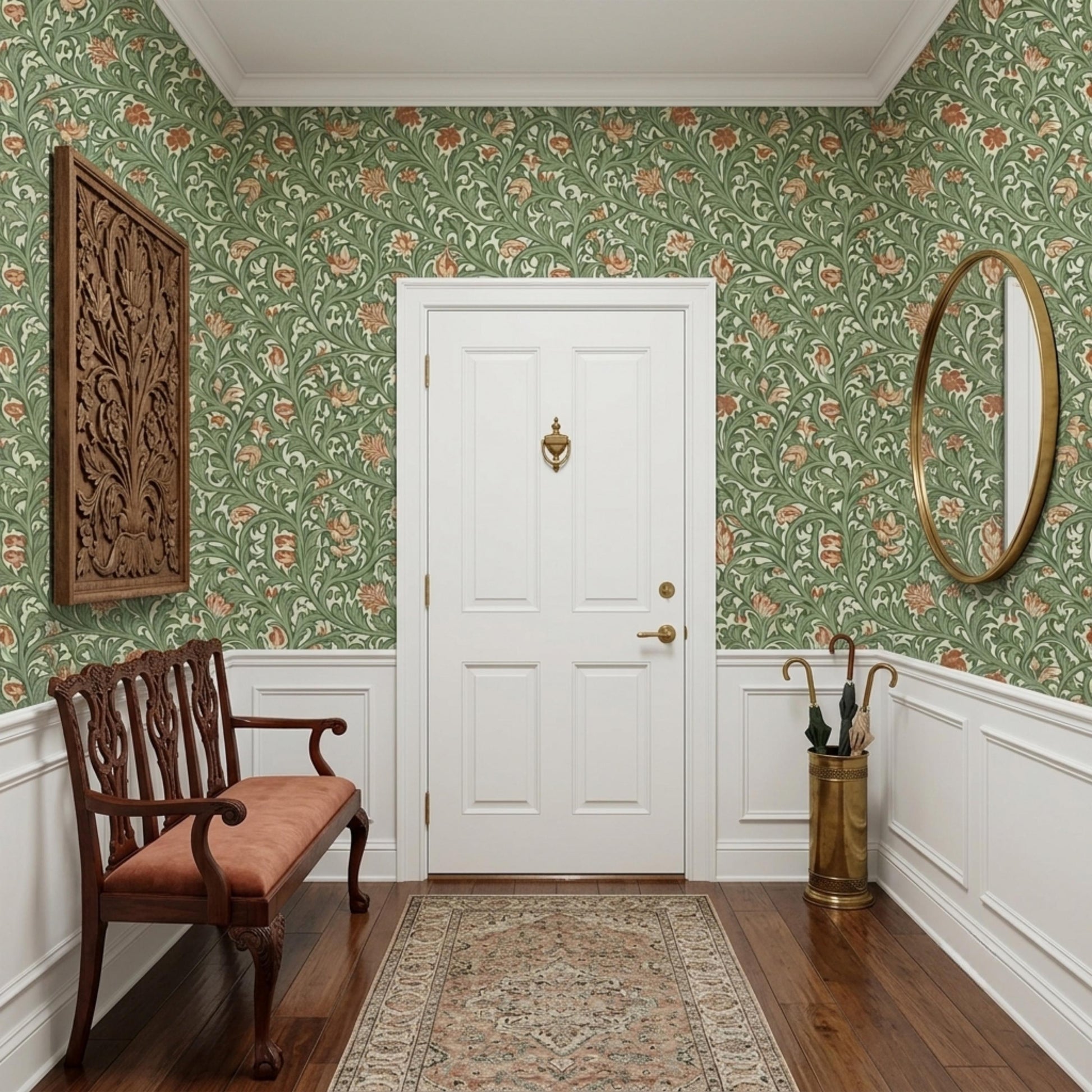 William Morris Style Floral Wallpaper | Vintage Green Botanical Peel and Stick | Arts and Crafts Removable Wall Mural-WP0125