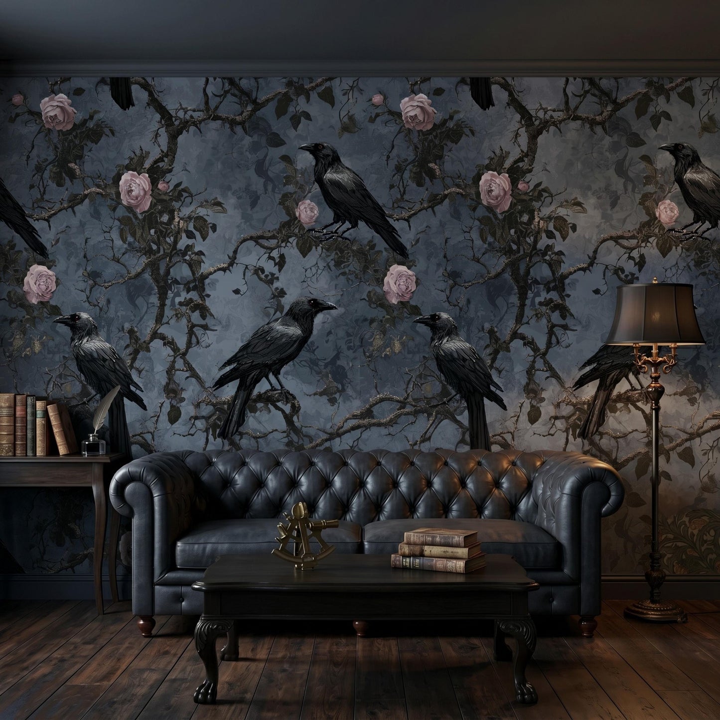 Dark Academia Raven Wallpaper | Moody Botanical Peel and Stick Wall Mural | Gothic Floral Decor | Vintage Rose and Crow Wall Art-WP0125