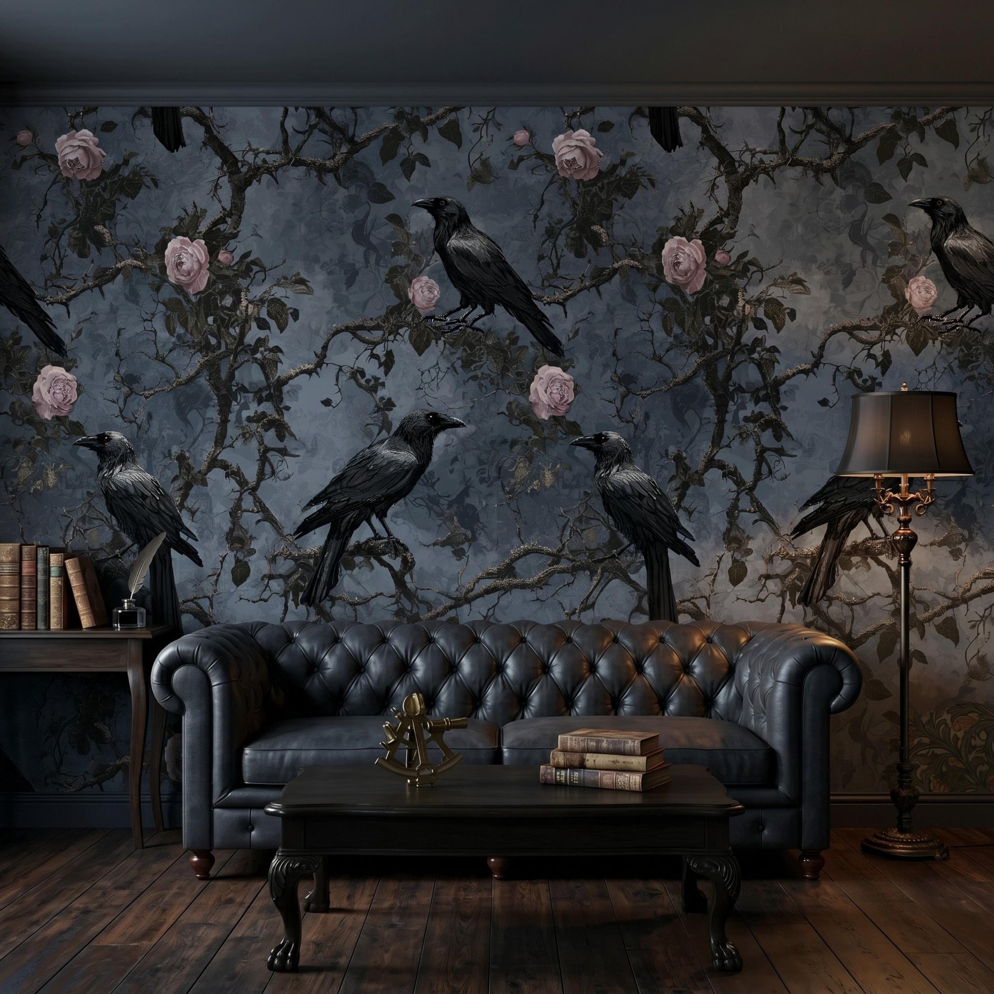 Dark Academia Raven Wallpaper | Moody Botanical Peel and Stick Wall Mural | Gothic Floral Decor | Vintage Rose and Crow Wall Art-WP0125