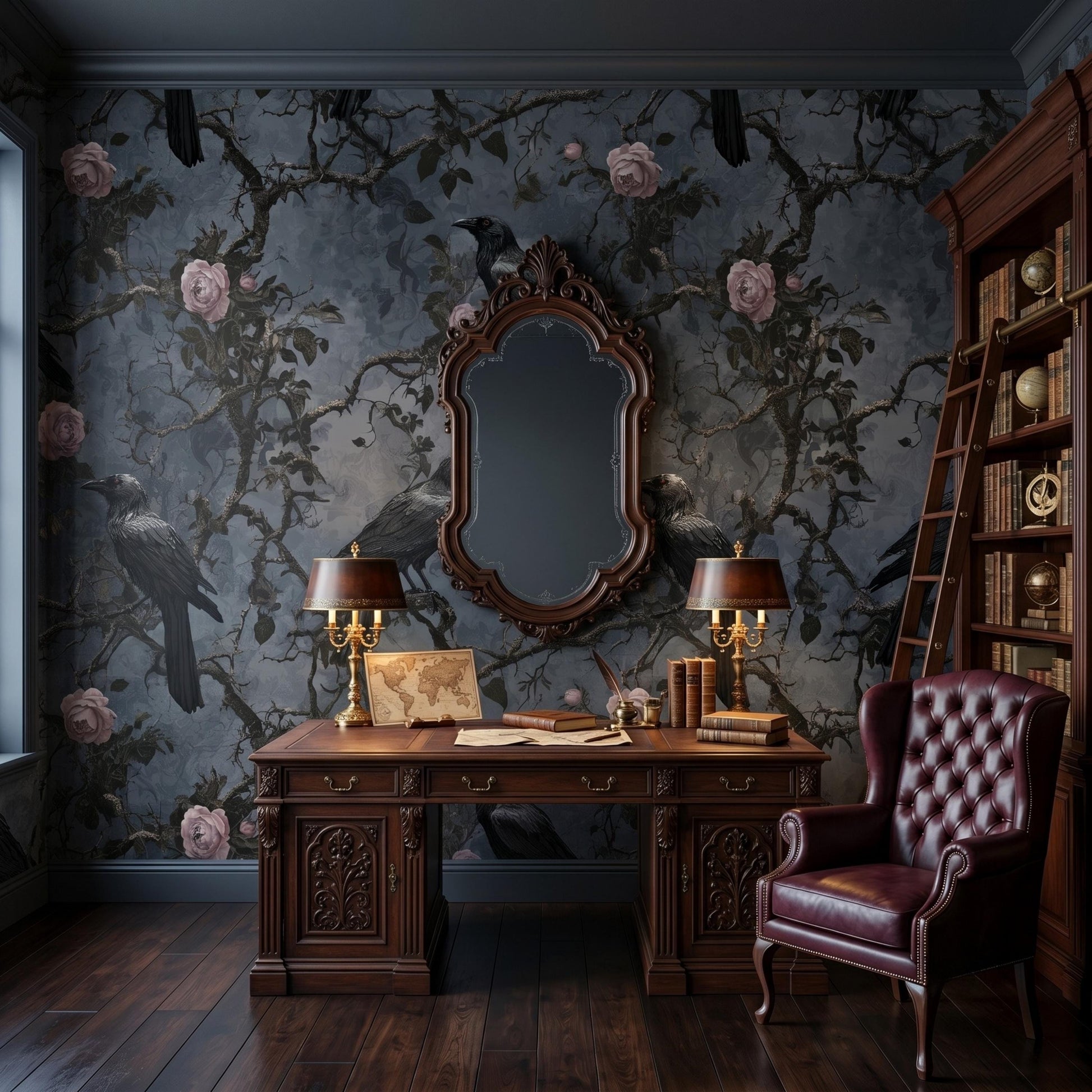 Dark Academia Raven Wallpaper | Moody Botanical Peel and Stick Wall Mural | Gothic Floral Decor | Vintage Rose and Crow Wall Art-WP0125