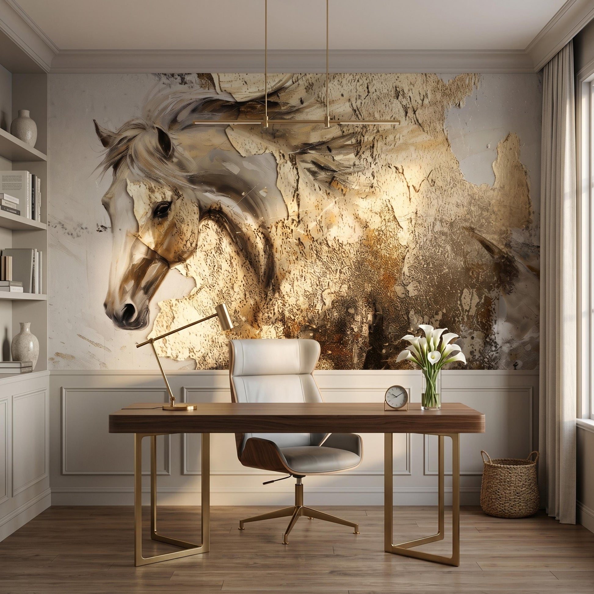 Abstract Horse Wallpaper, Textured Gold Wall Mural, Neutral Animal Wall Art, Peel and Stick Equestrian Decor for Living Room-WP0127
