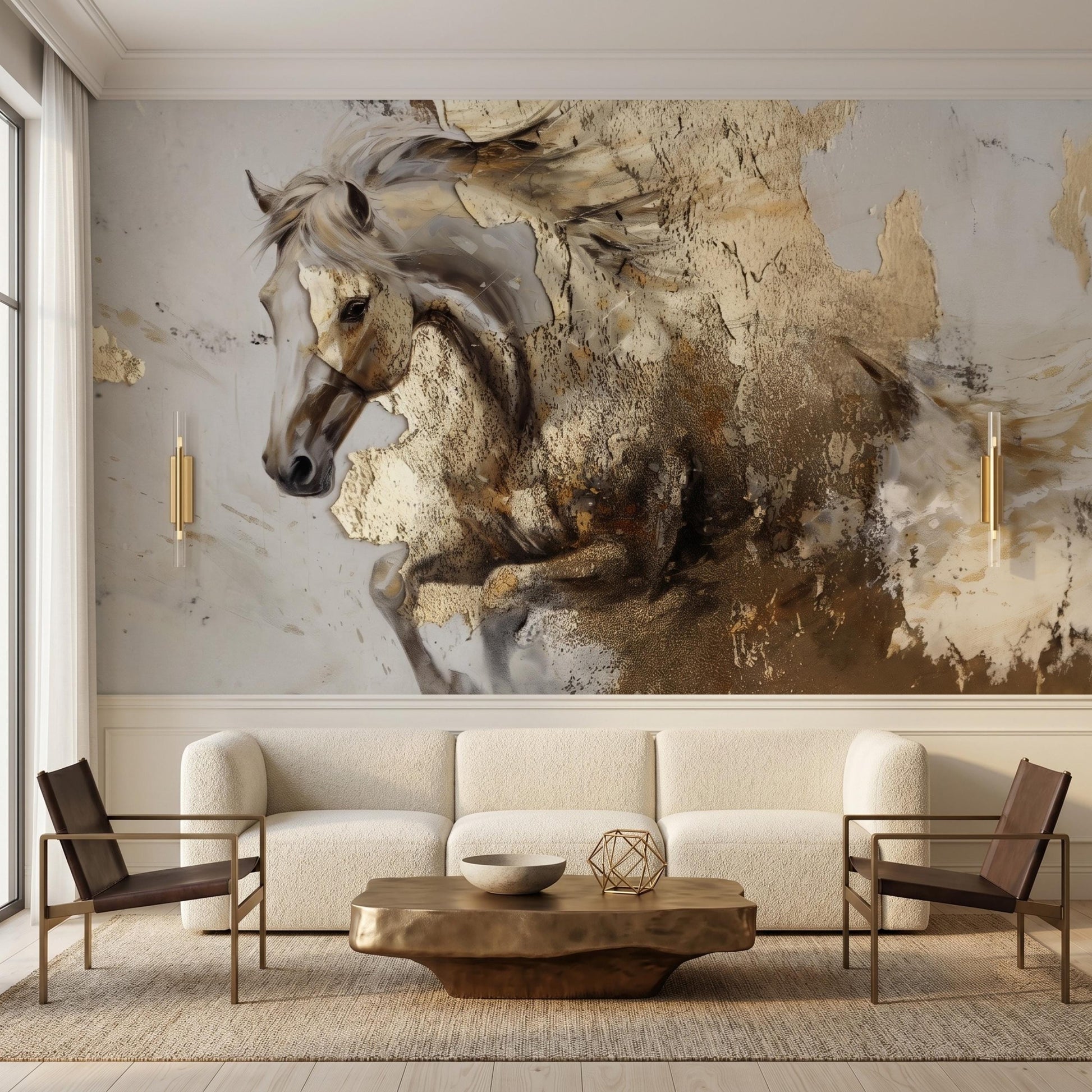 Abstract Horse Wallpaper, Textured Gold Wall Mural, Neutral Animal Wall Art, Peel and Stick Equestrian Decor for Living Room-WP0127