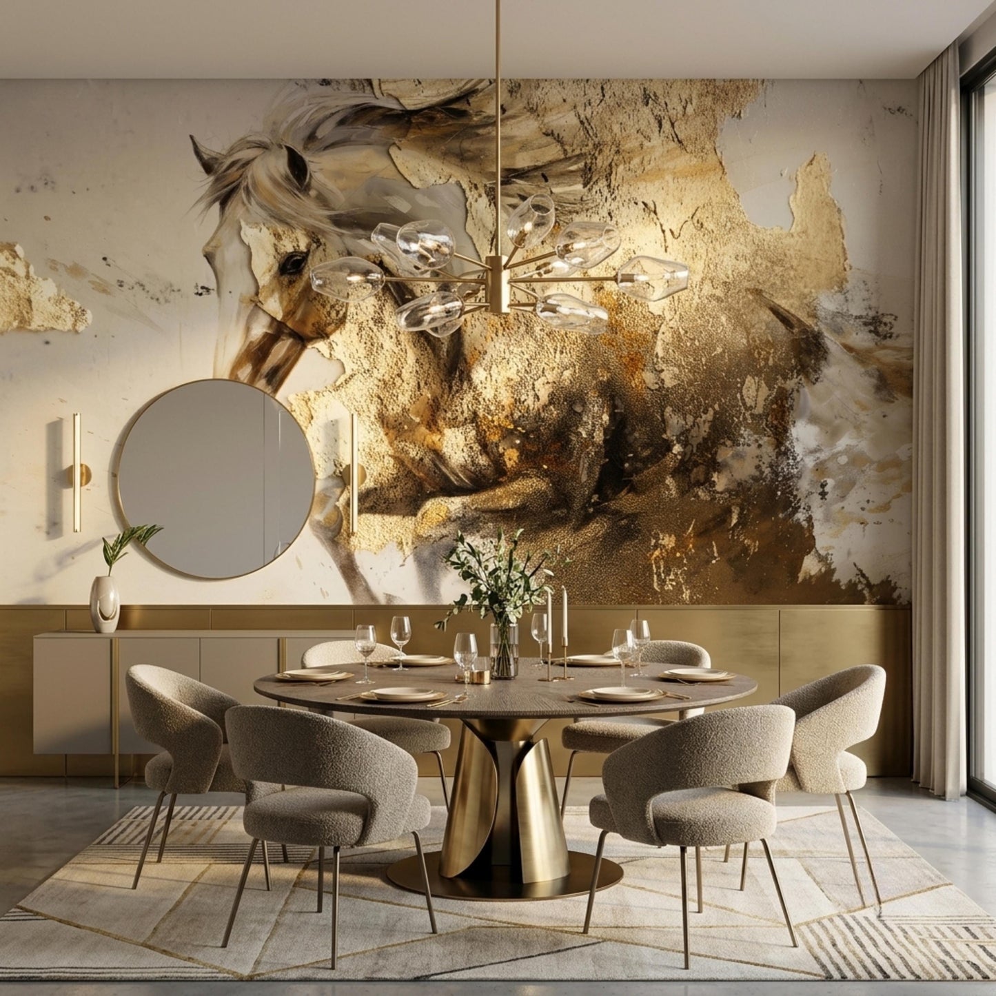 Abstract Horse Wallpaper, Textured Gold Wall Mural, Neutral Animal Wall Art, Peel and Stick Equestrian Decor for Living Room-WP0127