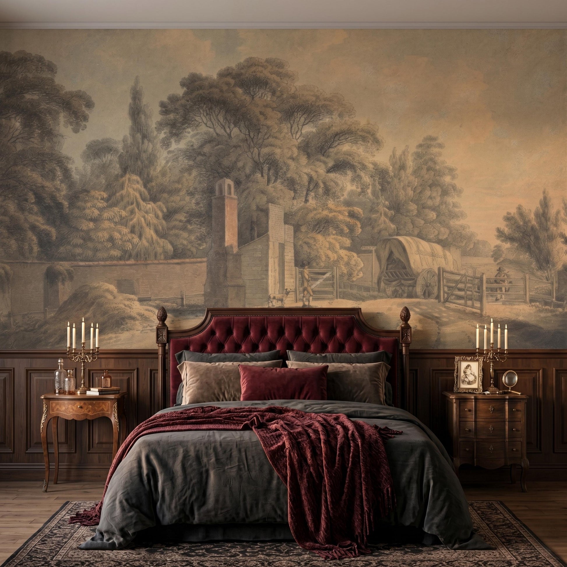 Sepia Landscape Wall Mural, Vintage Pastoral Wallpaper Peel and Stick, Antique Nature Scenic Wall Decor, Rustic Farmhouse Living Room-WP0102