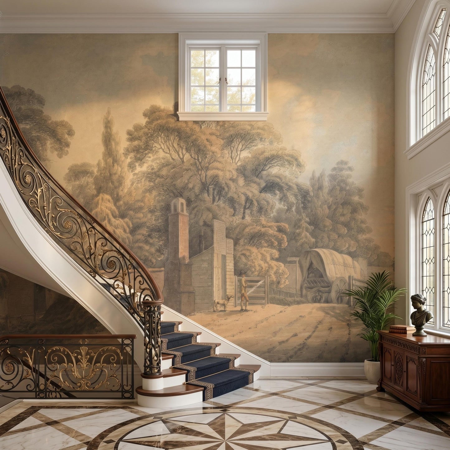 Sepia Landscape Wall Mural, Vintage Pastoral Wallpaper Peel and Stick, Antique Nature Scenic Wall Decor, Rustic Farmhouse Living Room-WP0102