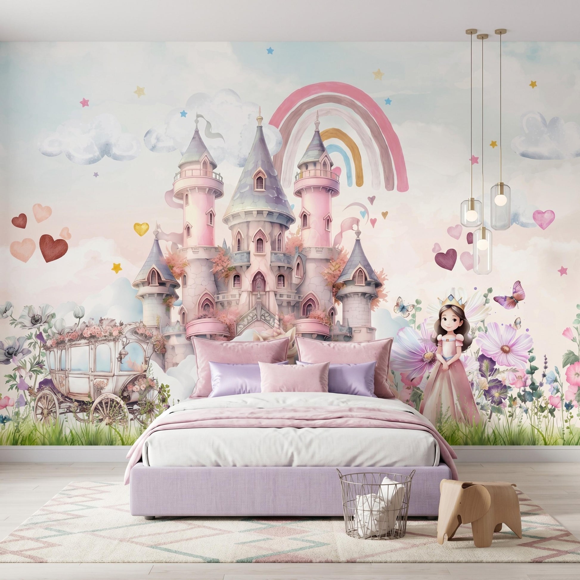 Watercolor Fairytale Princess Castle Wallpaper Mural, Nursery Wall Decor, Whimsical Girl Room Accent, Magical Rainbow Carriage Art-WP0128