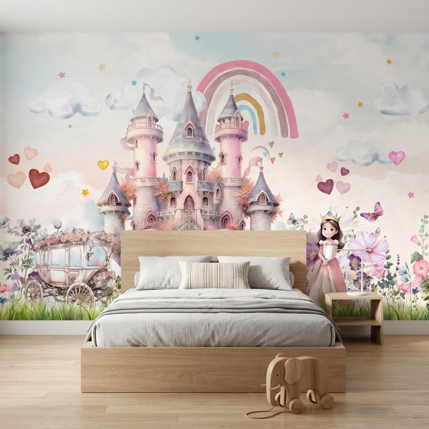 Watercolor Fairytale Princess Castle Wallpaper Mural, Nursery Wall Decor, Whimsical Girl Room Accent, Magical Rainbow Carriage Art-WP0128