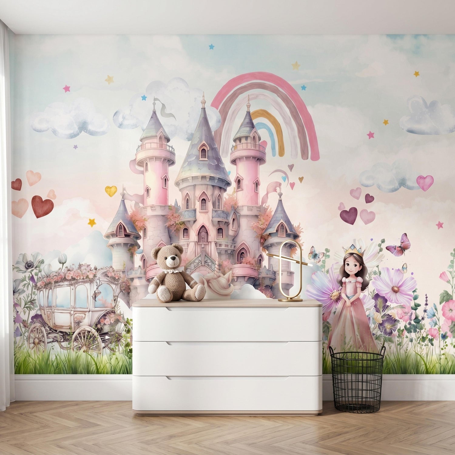Watercolor Fairytale Princess Castle Wallpaper Mural, Nursery Wall Decor, Whimsical Girl Room Accent, Magical Rainbow Carriage Art-WP0128