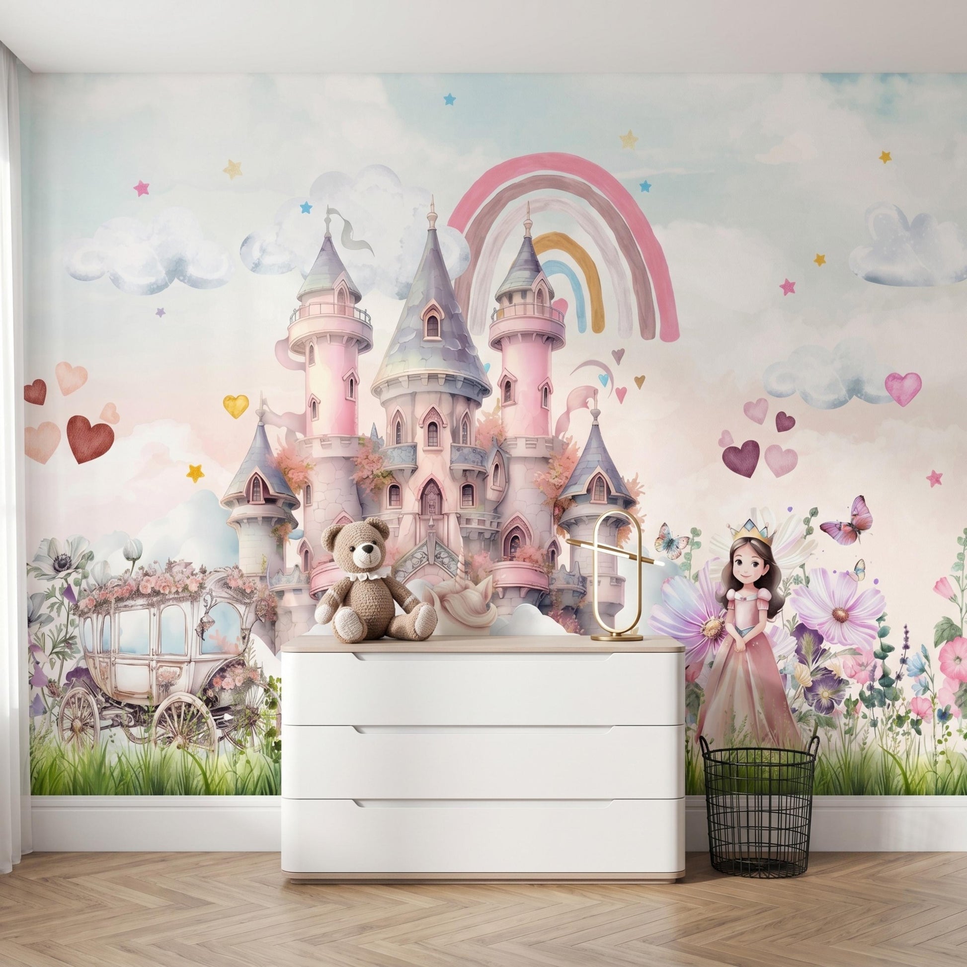 Watercolor Fairytale Princess Castle Wallpaper Mural, Nursery Wall Decor, Whimsical Girl Room Accent, Magical Rainbow Carriage Art-WP0128