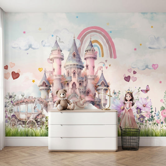 Watercolor Fairytale Princess Castle Wallpaper Mural, Nursery Wall Decor, Whimsical Girl Room Accent, Magical Rainbow Carriage Art-WP0128