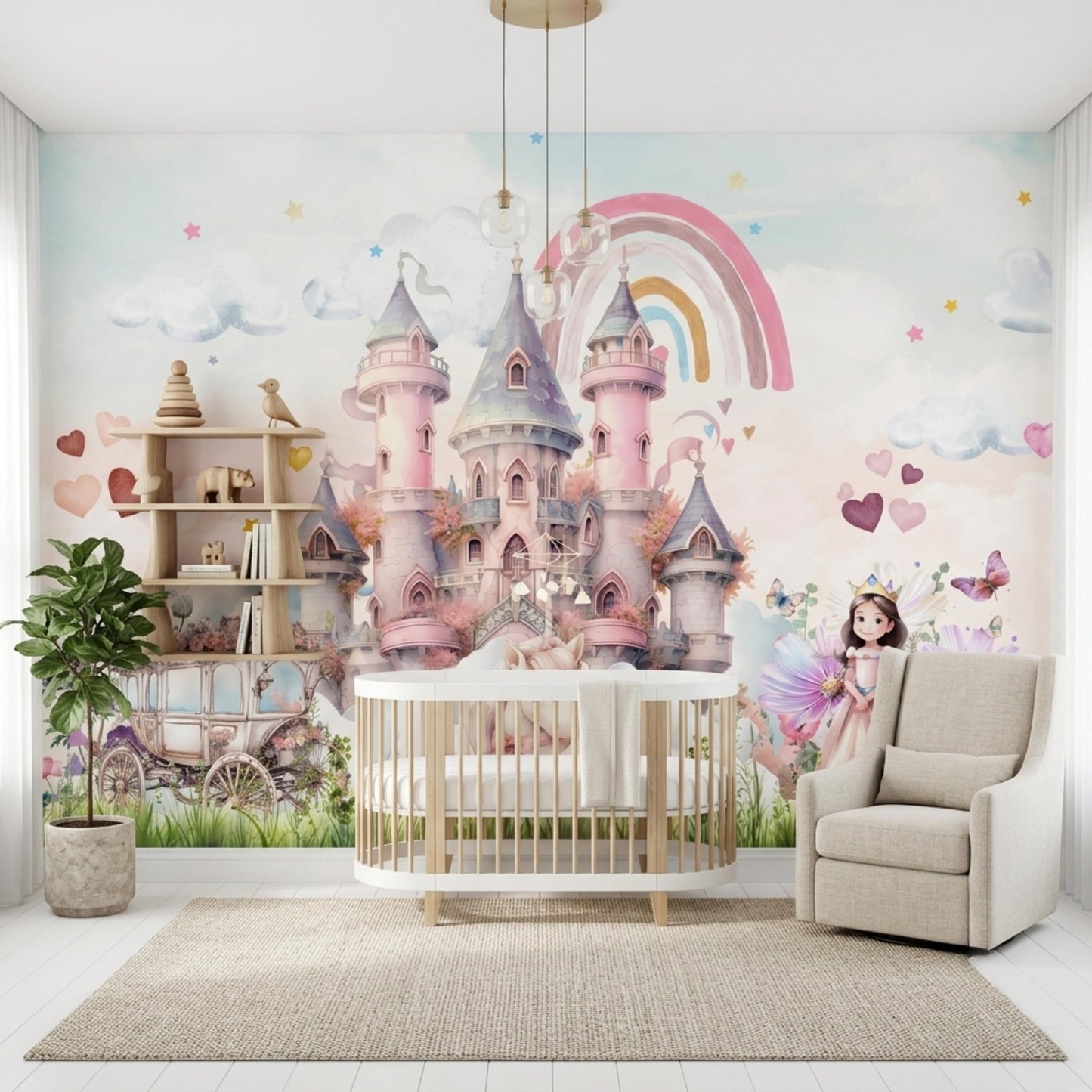 Watercolor Fairytale Princess Castle Wallpaper Mural, Nursery Wall Decor, Whimsical Girl Room Accent, Magical Rainbow Carriage Art-WP0128