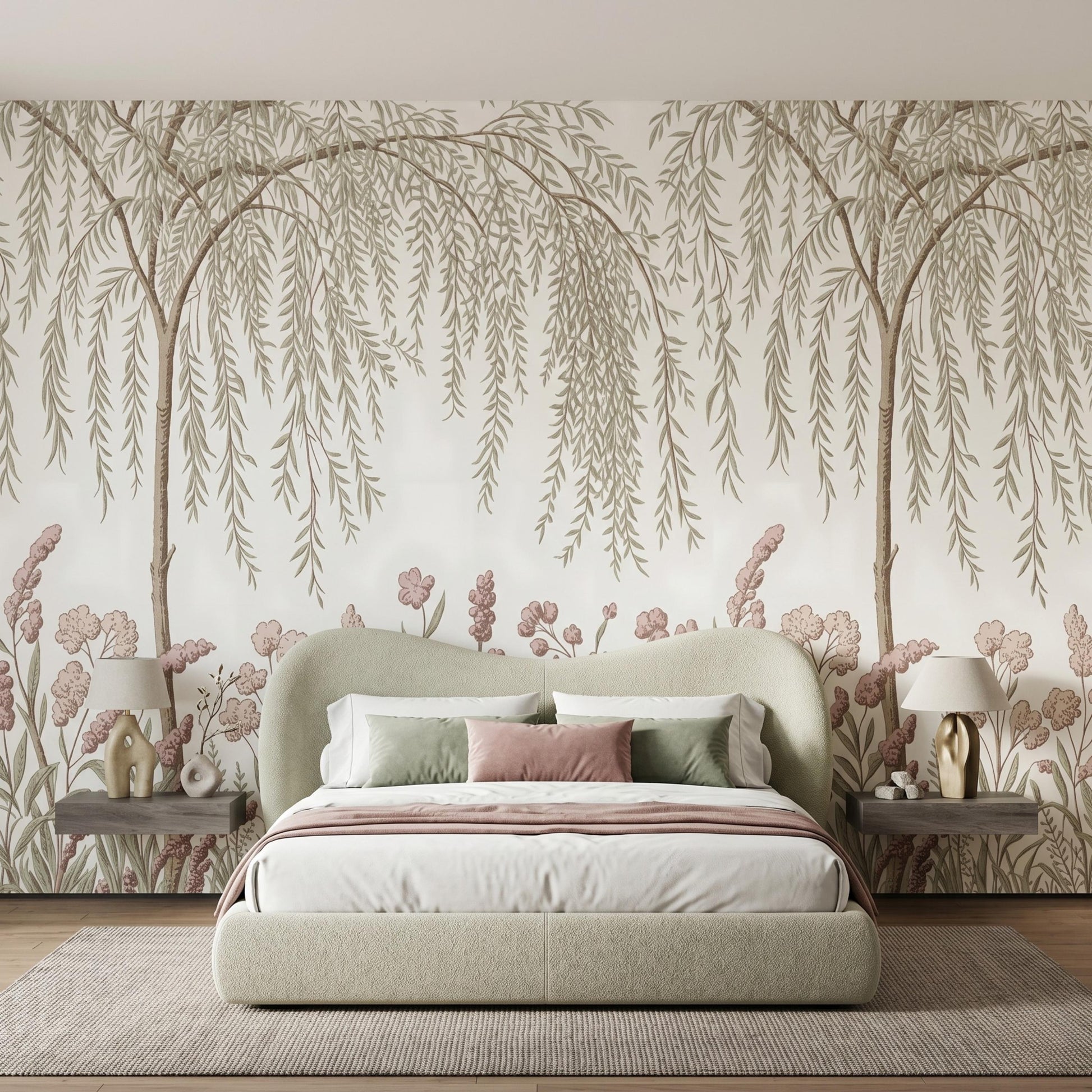 Vintage Willow Tree Wallpaper, Muted Floral Wall Mural, Peel and Stick Botanical Wallpaper, Elegant Living Room Decor-WP0103