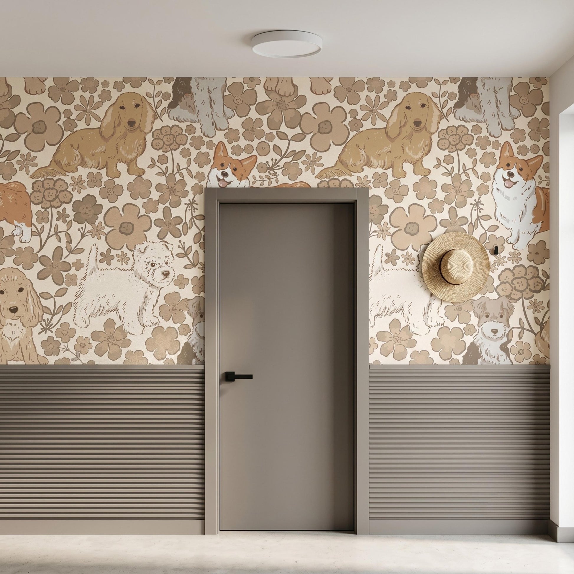 Retro Dog Floral Beige Wallpaper Peel and Stick, Nursery Accent Wall Decor, Puppy Lover Room Design, Neutral Boho Home Mural-WP0129