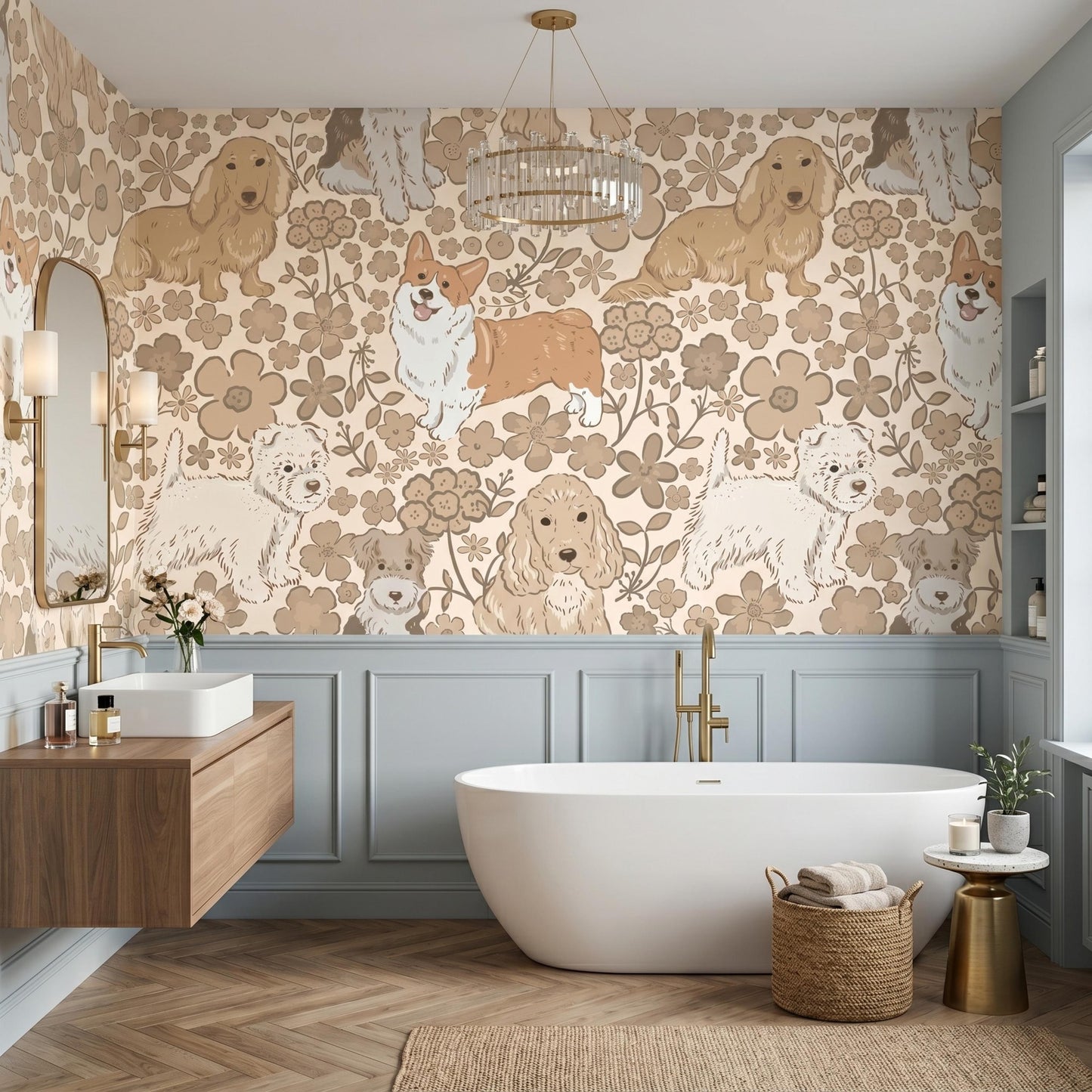 Retro Dog Floral Beige Wallpaper Peel and Stick, Nursery Accent Wall Decor, Puppy Lover Room Design, Neutral Boho Home Mural-WP0129