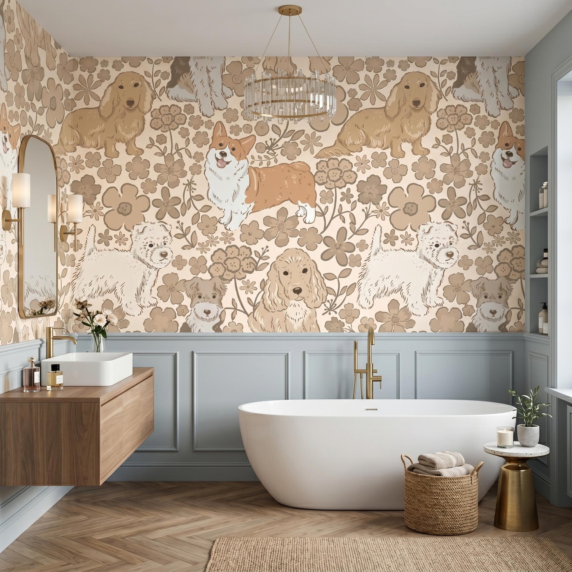 Retro Dog Floral Beige Wallpaper Peel and Stick, Nursery Accent Wall Decor, Puppy Lover Room Design, Neutral Boho Home Mural-WP0129