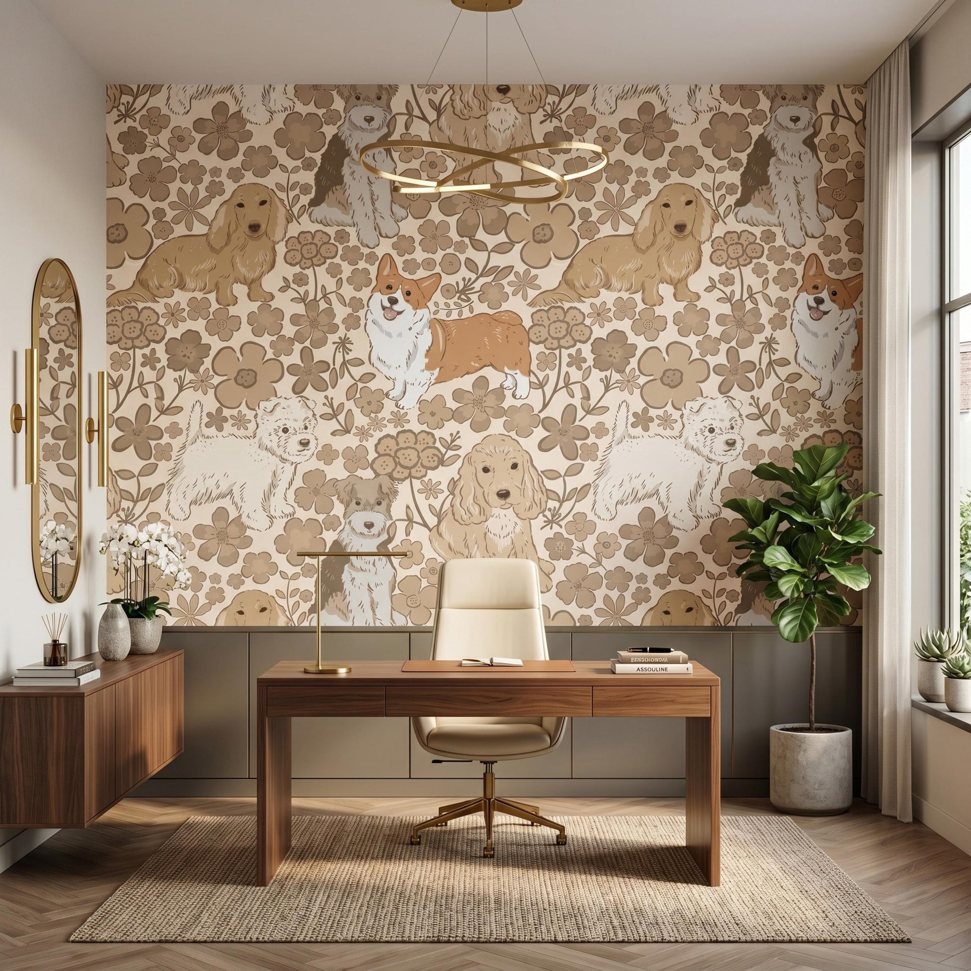 Retro Dog Floral Beige Wallpaper Peel and Stick, Nursery Accent Wall Decor, Puppy Lover Room Design, Neutral Boho Home Mural-WP0129