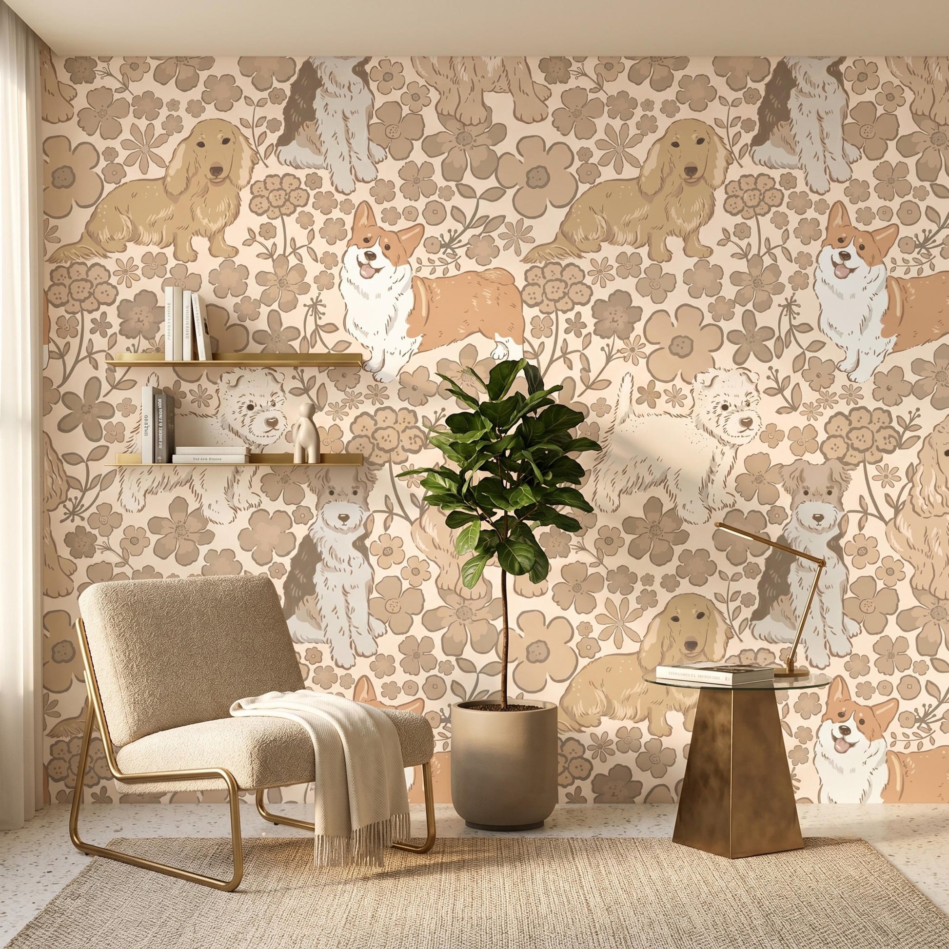Retro Dog Floral Beige Wallpaper Peel and Stick, Nursery Accent Wall Decor, Puppy Lover Room Design, Neutral Boho Home Mural-WP0129