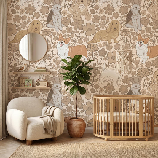 Retro Dog Floral Beige Wallpaper Peel and Stick, Nursery Accent Wall Decor, Puppy Lover Room Design, Neutral Boho Home Mural-WP0129