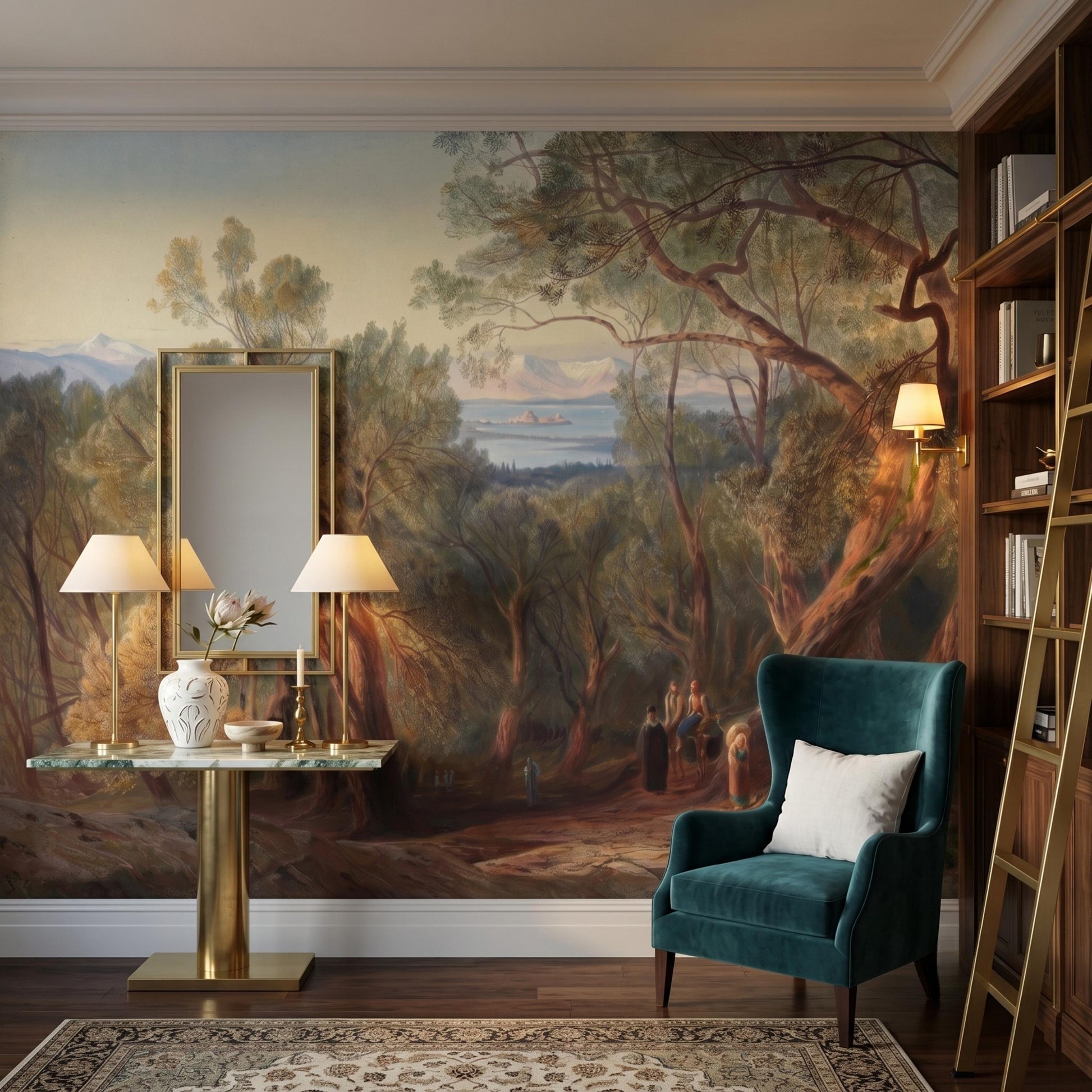 Vintage Tuscany Landscape Peel and Stick Wallpaper, Antique Scenic Wall Mural, Moody Renaissance Oil Painting, Removable Wall Decor-WP0130