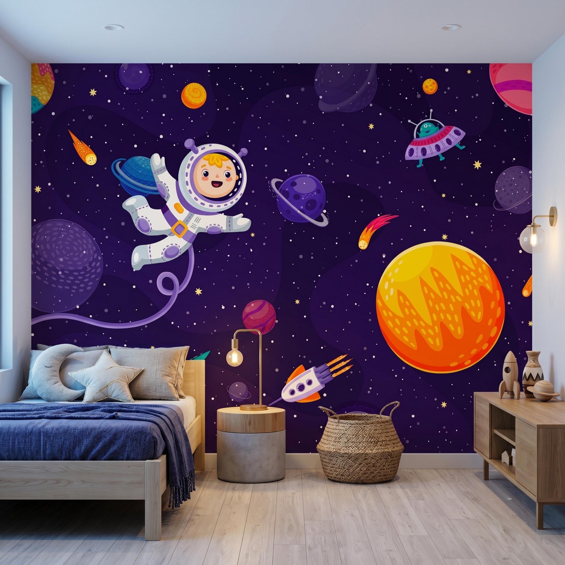 Cartoon Astronaut Space Wallpaper Mural, Galaxy Kids Bedroom Wall Decor, Outer Space Nursery Theme, Solar System Playroom Art-WP0131