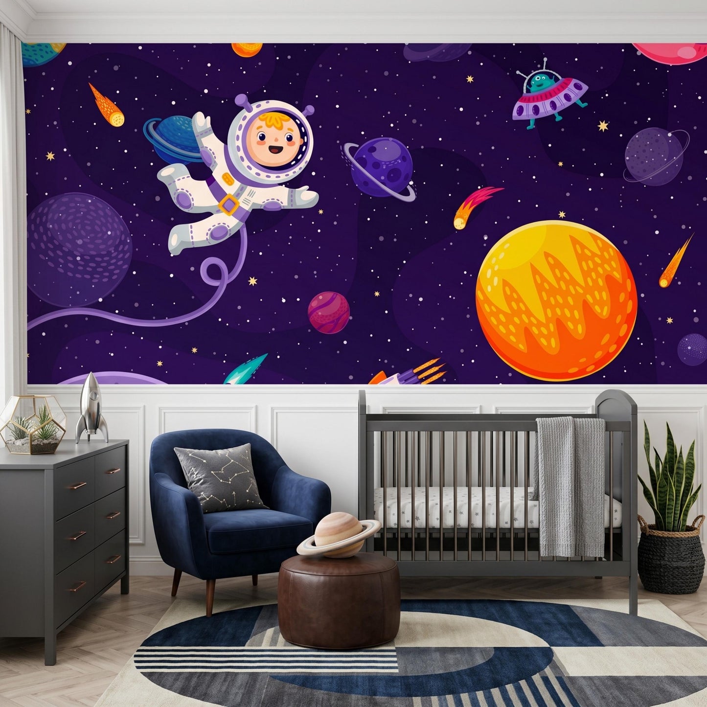 Cartoon Astronaut Space Wallpaper Mural, Galaxy Kids Bedroom Wall Decor, Outer Space Nursery Theme, Solar System Playroom Art-WP0131